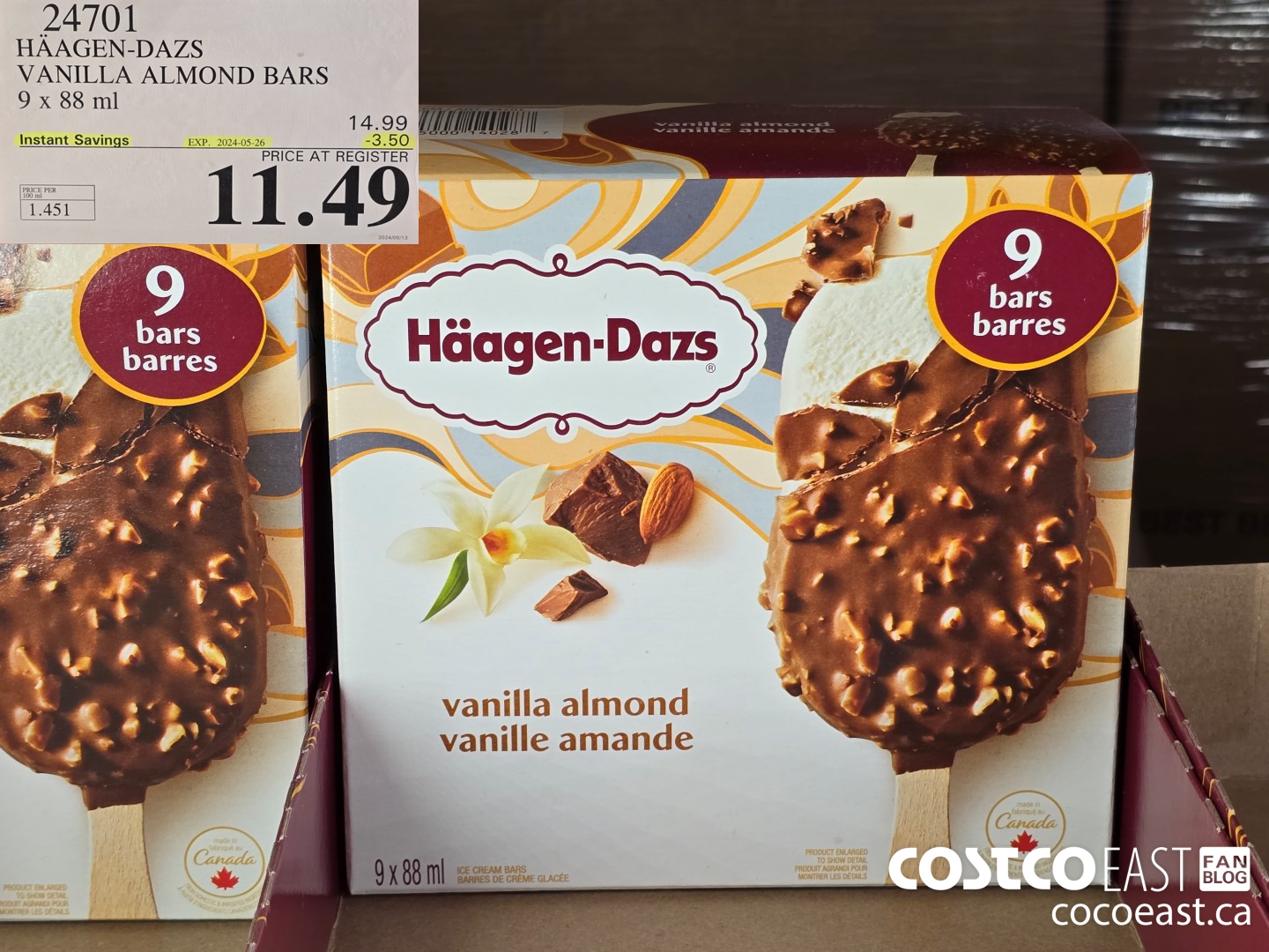 24701 HAAGAN-DAZS VANILLA ALMOND BARS 9 X 88 ML ($3.50 INSTANT SAVINGS EXPIRES ON 2024-05-26) $11.49