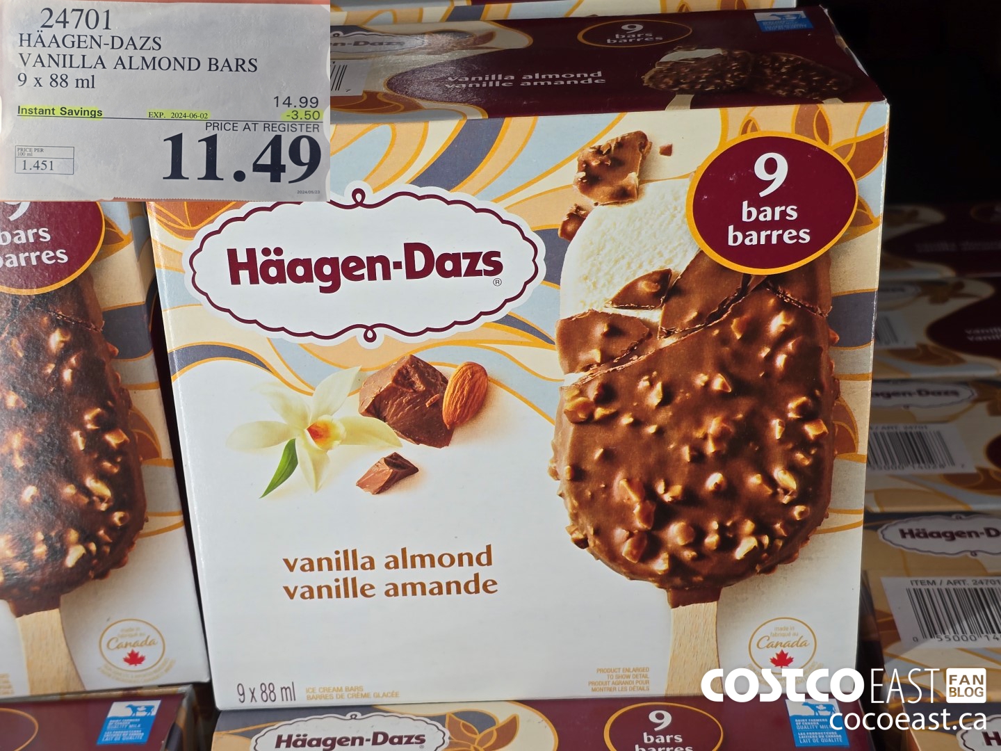 24701 HAAGAN-DAZS VANILLA ALMOND BARS 9 X 88 ML ($3.50 INSTANT SAVINGS EXPIRES ON 2024-06-02) $11.49