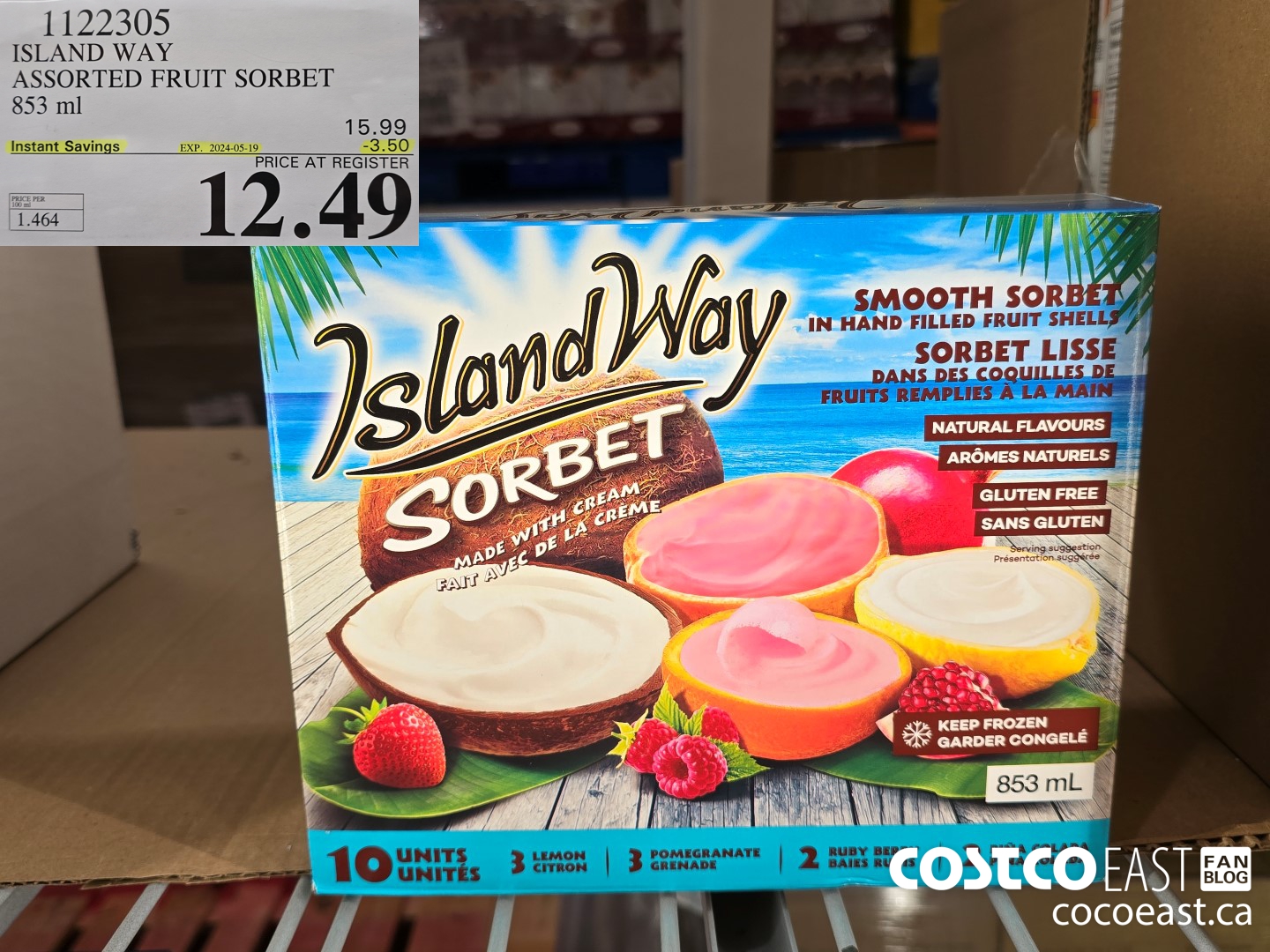 1122305 ISLAND WAY ASSORTED FRUIT SORBET 853 ml ($3.50 INSTANT SAVINGS EXPIRES ON 2024-05-19) $12.49