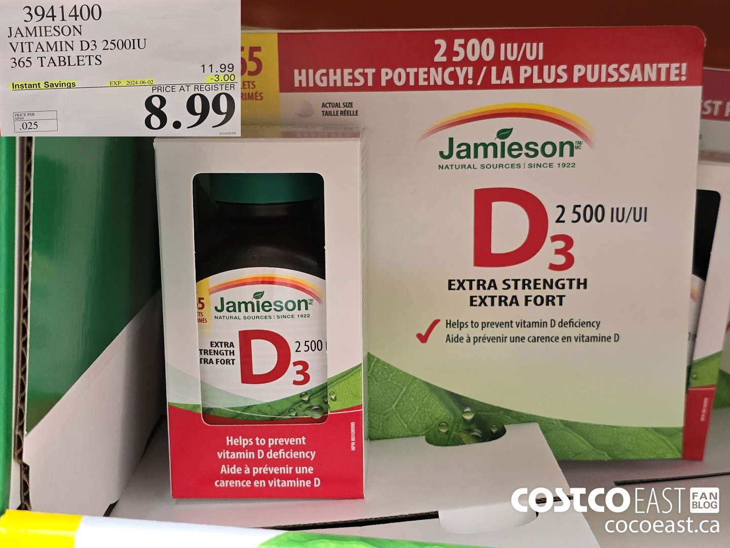 3941400 JAMIESON VITAMIN D3 2500IU 365 TABLETS ($3.00 INSTANT SAVINGS EXPIRES ON 2024-06-02) $8.99