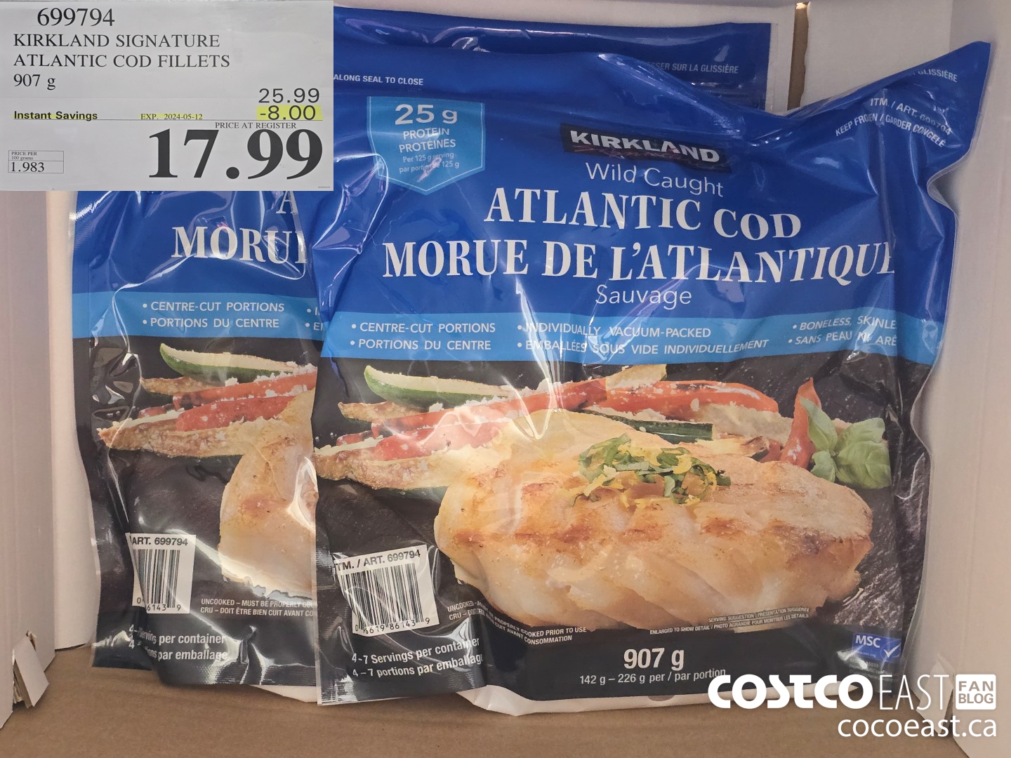 699794 KIRKLAND SIGNATURE ATLANTIC COD FILLETS 907 g ($8.00 INSTANT SAVINGS EXPIRES ON 2024-05-12) $17.99