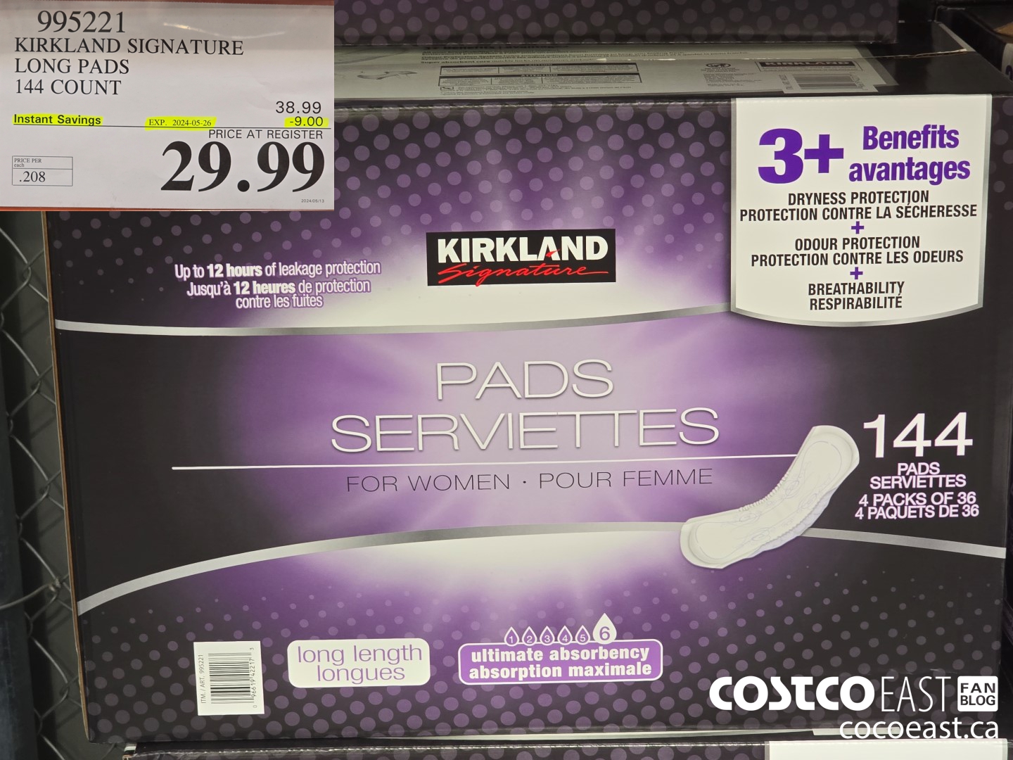 995221 KIRKLAND SIGNATURE LONG PADS 144 COUNT ($9.00 INSTANT SAVINGS EXPIRES ON 2024-05-26) $29.99