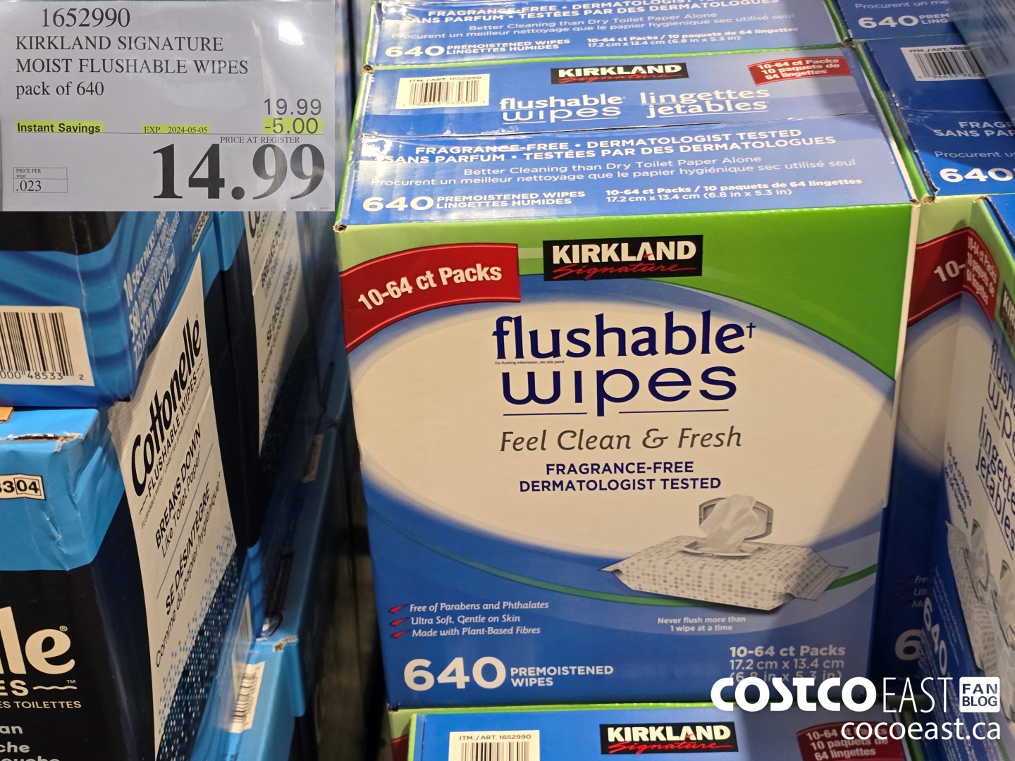 1652990 KIRKLAND SIGNATURE MOIST FLUSHABLE WIPES pack of 640 ($5.00 INSTANT SAVINGS EXPIRES ON 2024-05-05) $14.99