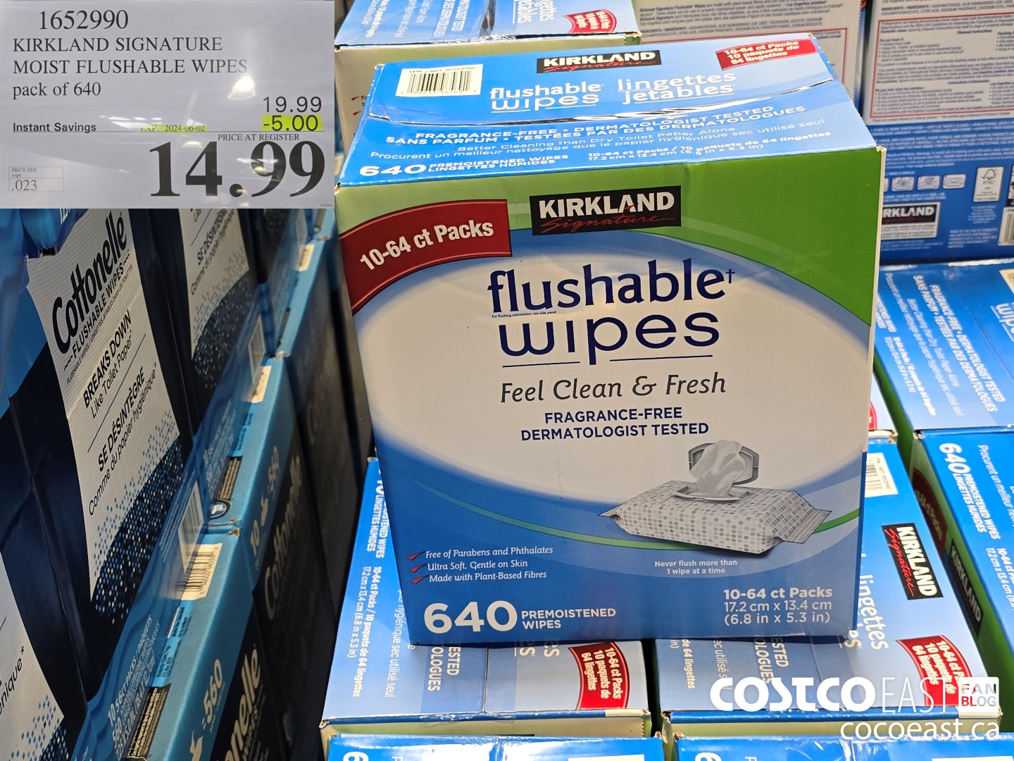 1652990 KIRKLAND SIGNATURE MOIST FLUSHABLE WIPES pack of 640 ($5.00 INSTANT SAVINGS EXPIRES ON 2024-06-02) $14.99
