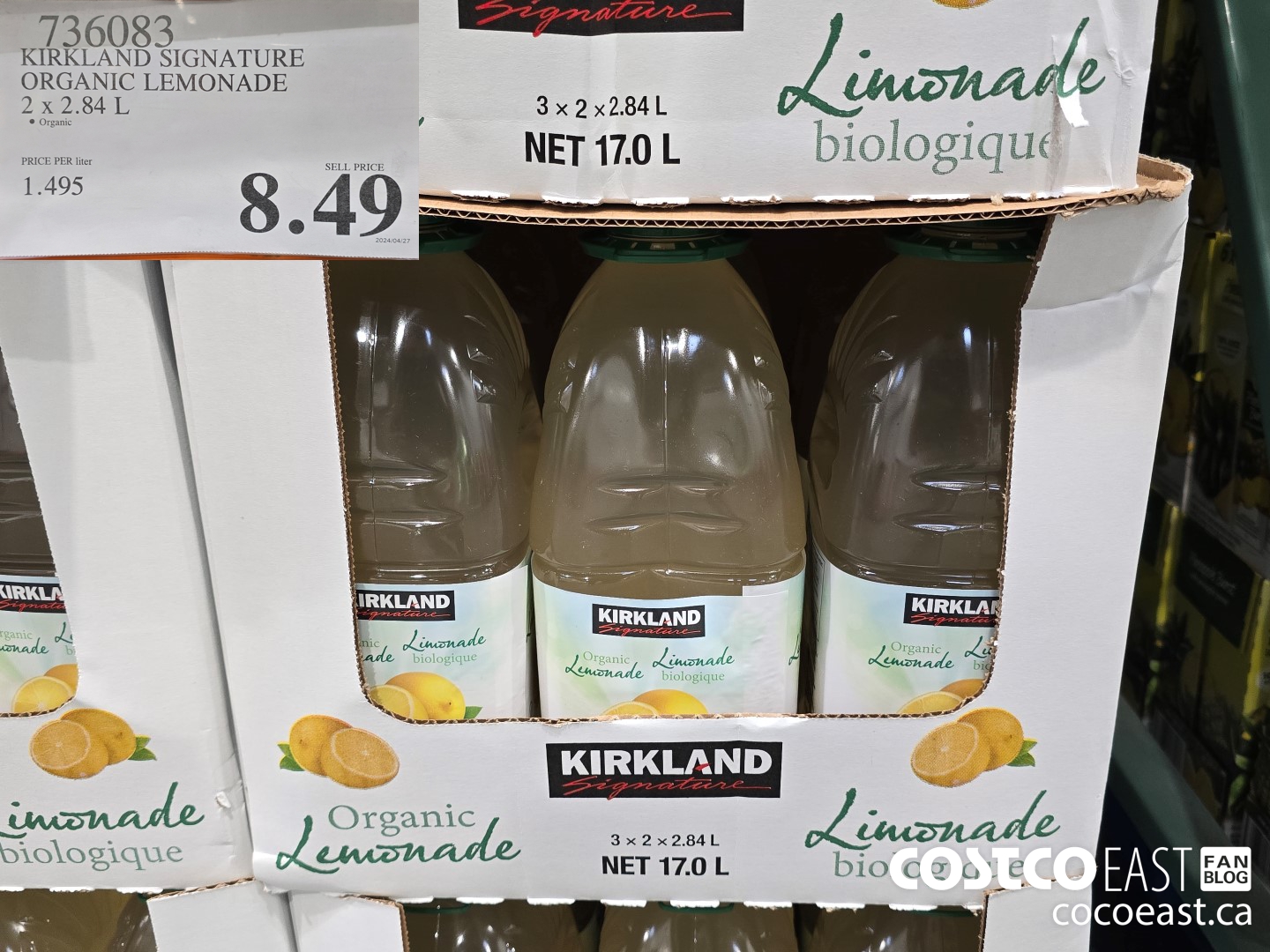 736083 KIRKLAND SIGNATURE ORGANIC LEMONADE 2 X 2.84L $8.49