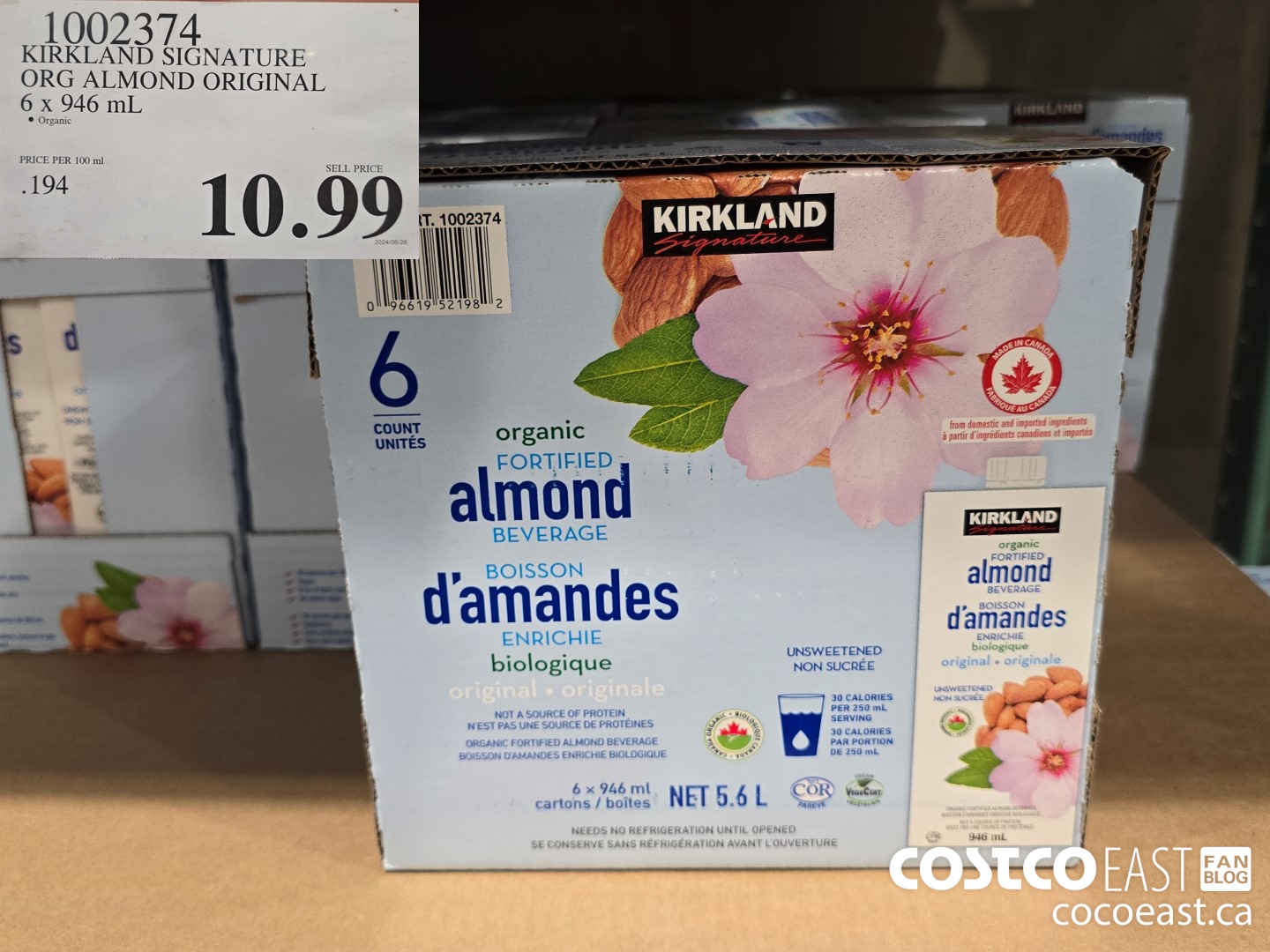 1002374 KIRKLAND SIGNATURE ORG ALMOND ORIGINAL 6 x 946 mL $10.99
