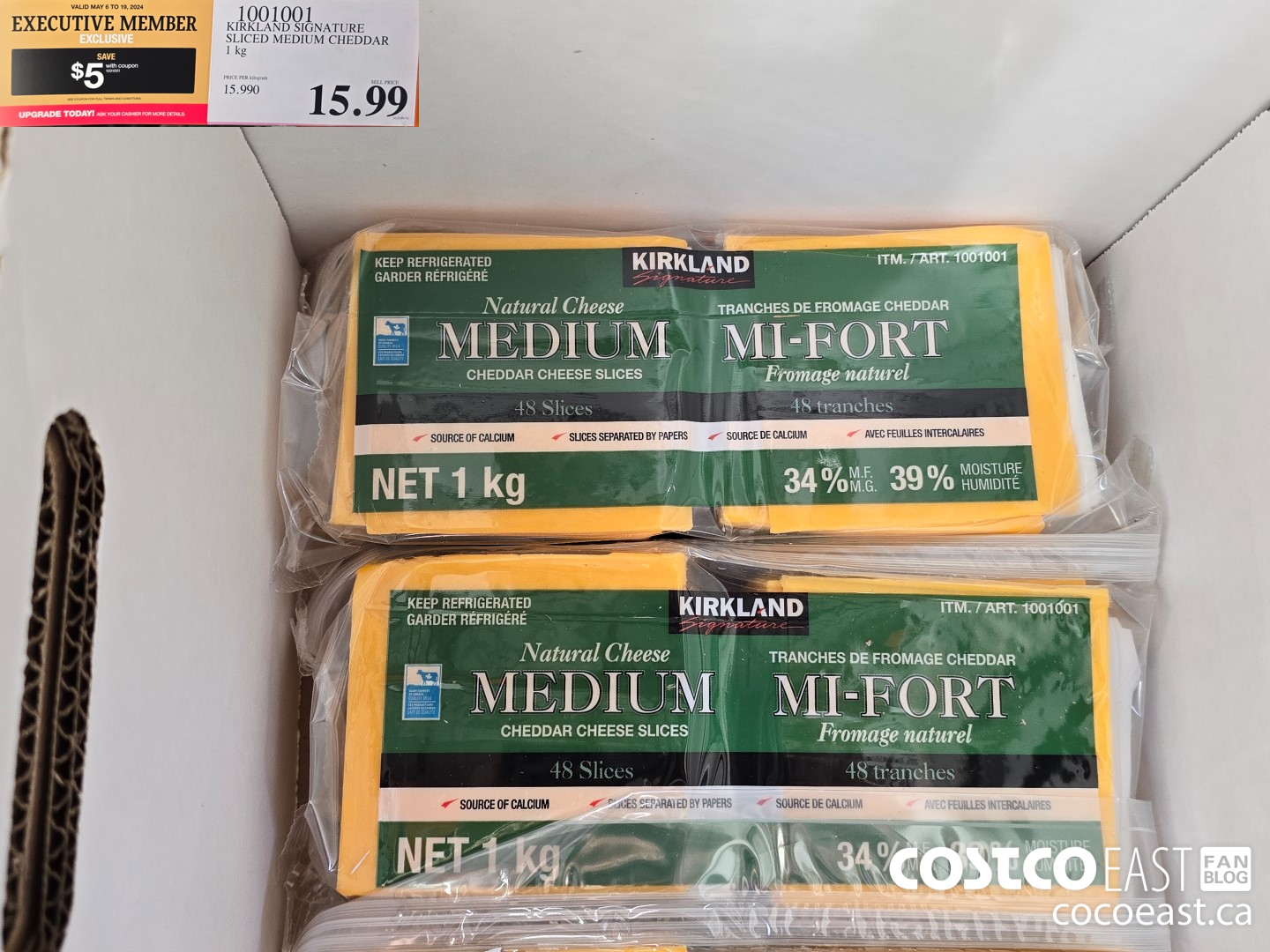 1001001 KIRKLAND SIGNATURE SLICED MEDIUM CHEDDAR 1 KG ($5.00 INSTANT SAVINGS EXPIRES ON 2024-05-19) $10.99