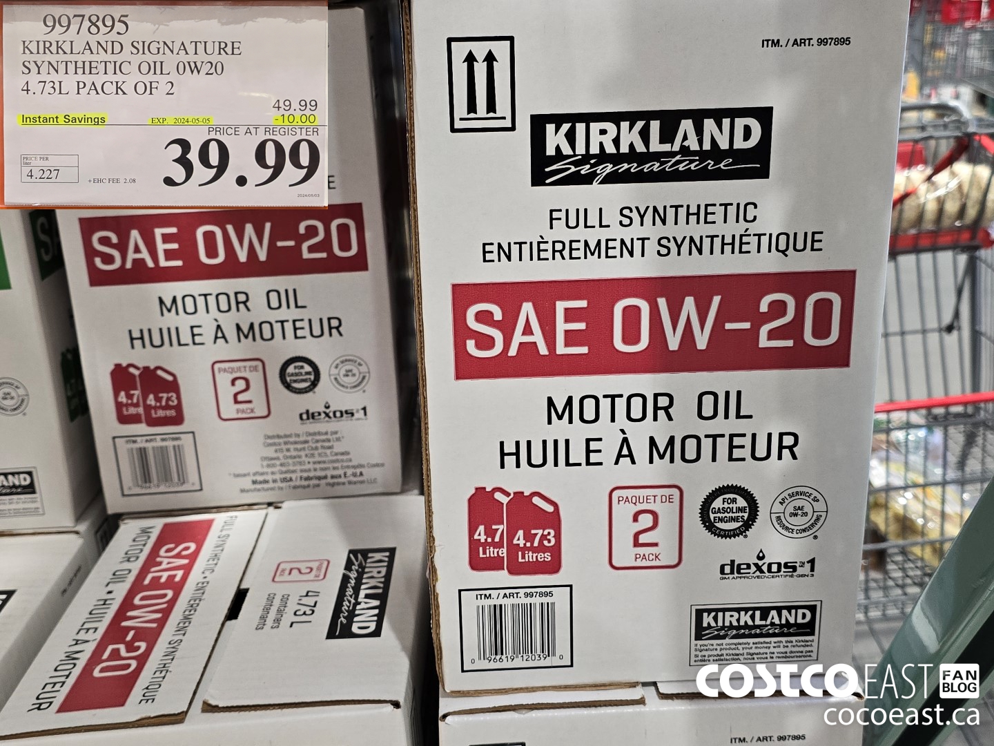 997895 KIRKLAND SIGNATURE SYNTHETIC OIL 0W20 4.73L PACK OF 2 ($10.00 INSTANT SAVINGS EXPIRES ON 2024-05-05) $39.99