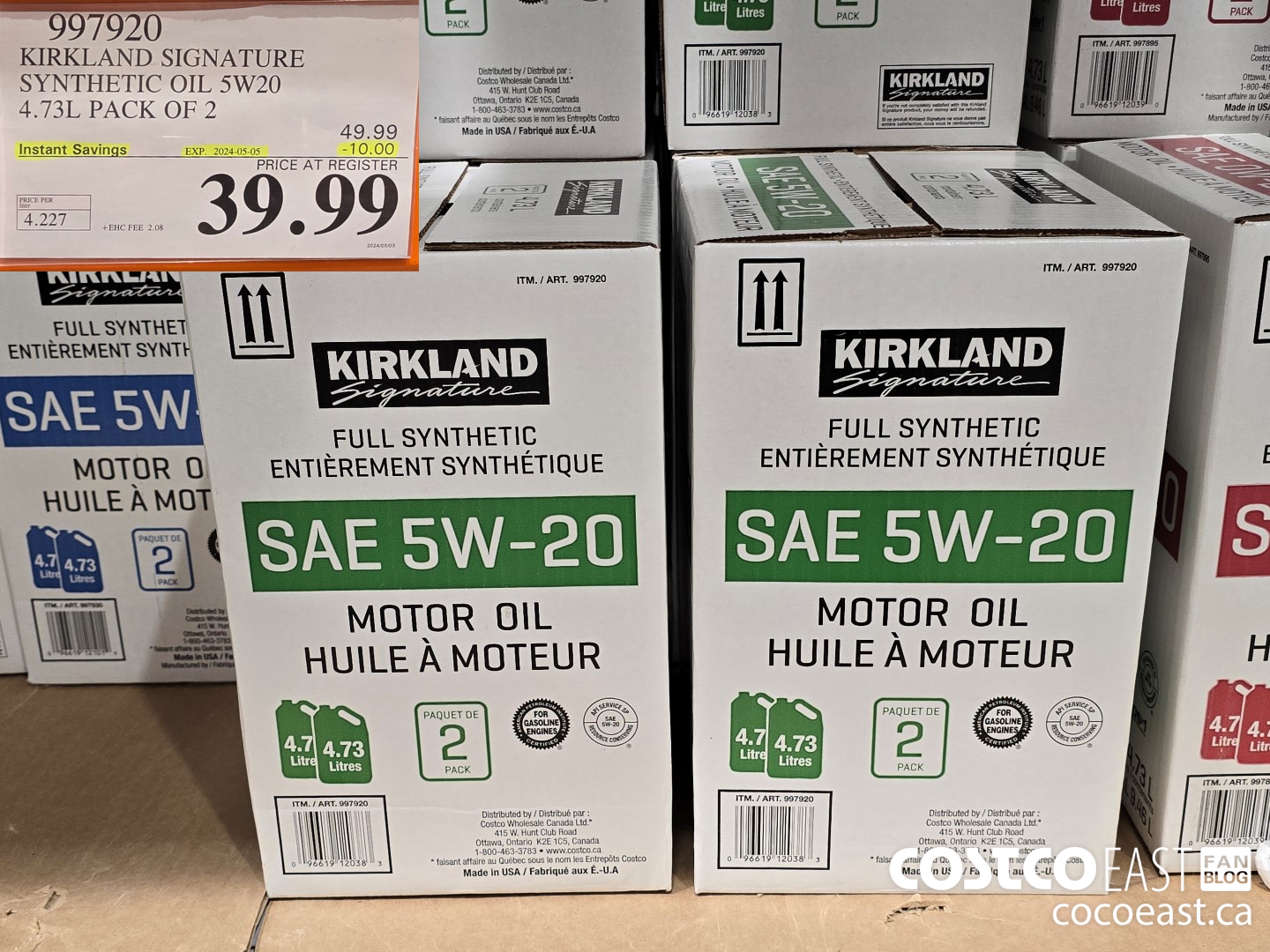 997920 KIRKLAND SIGNATURE SYNTHETIC OIL 5W20 4.73L PACK OF 2 ($10.00 INSTANT SAVINGS EXPIRES ON 2024-05-05) $39.99