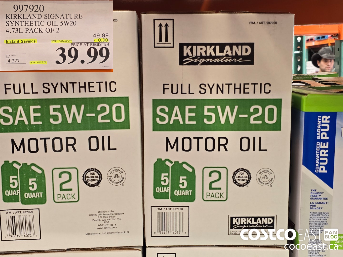 997920 KIRKLAND SIGNATURE SYNTHETIC OIL 5W20 4.73L PACK OF 2 ($10.00 INSTANT SAVINGS EXPIRES ON 2024-06-02) $39.99