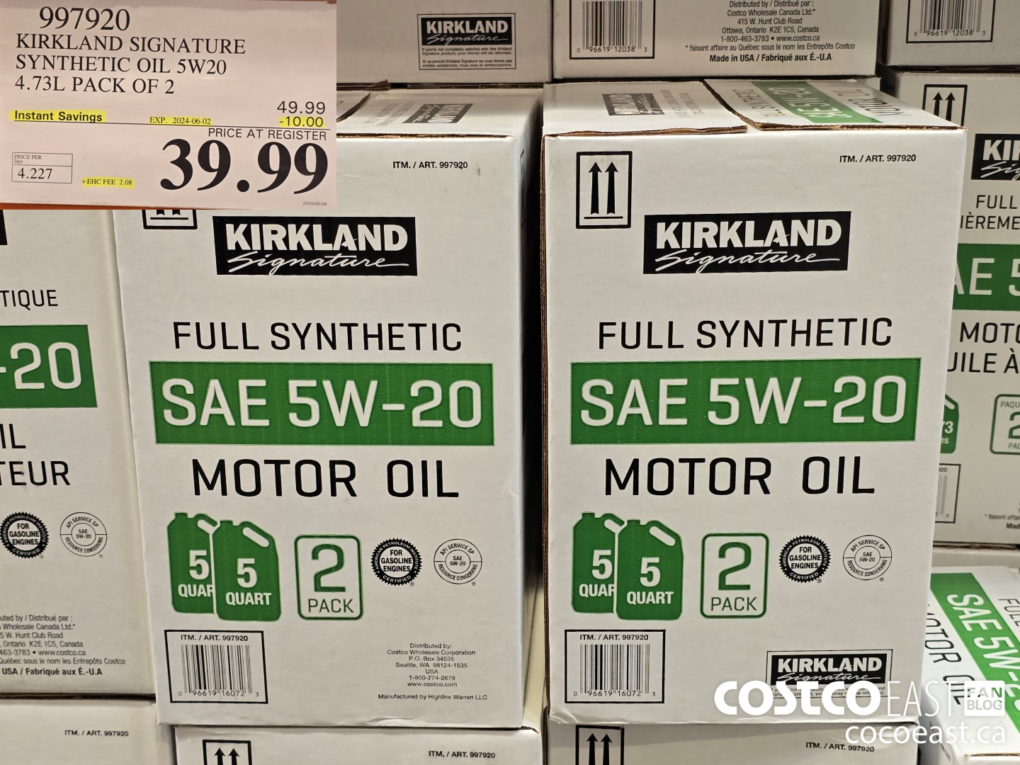 997920 KIRKLAND SIGNATURE SYNTHETIC OIL 5W20 4.73L PACK OF 2 ($10.00 INSTANT SAVINGS EXPIRES ON 2024-06-02) $39.99