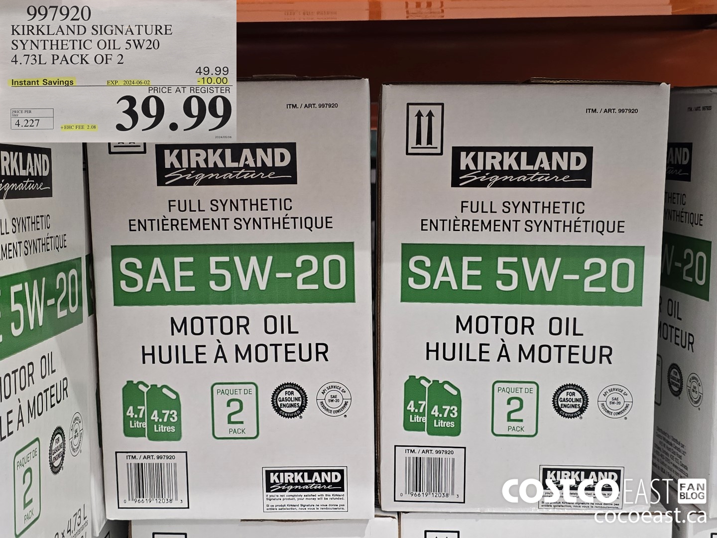 997920 KIRKLAND SIGNATURE SYNTHETIC OIL 5W20 4.73L PACK OF 2 ($10.00 INSTANT SAVINGS EXPIRES ON 2024-06-02) $39.99