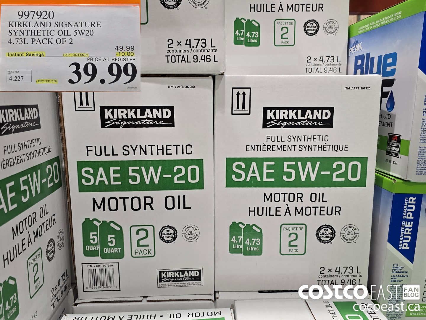997920 KIRKLAND SIGNATURE SYNTHETIC OIL 5W20 4.73L PACK OF 2 ($10.00 INSTANT SAVINGS EXPIRES ON 2024-06-02) $39.99