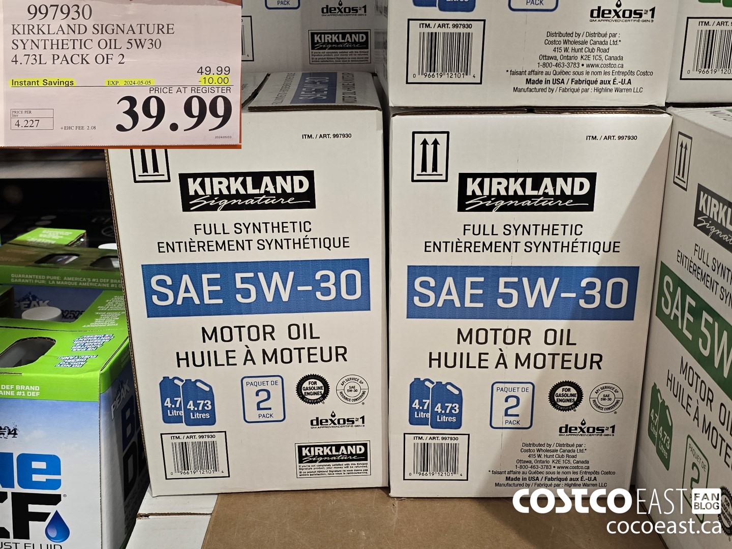 997930 KIRKLAND SIGNATURE SYNTHETIC OIL 5W-30 4.73L PACK OF 2 ($10.00 INSTANT SAVINGS EXPIRES ON 2024-05-05) $39.99