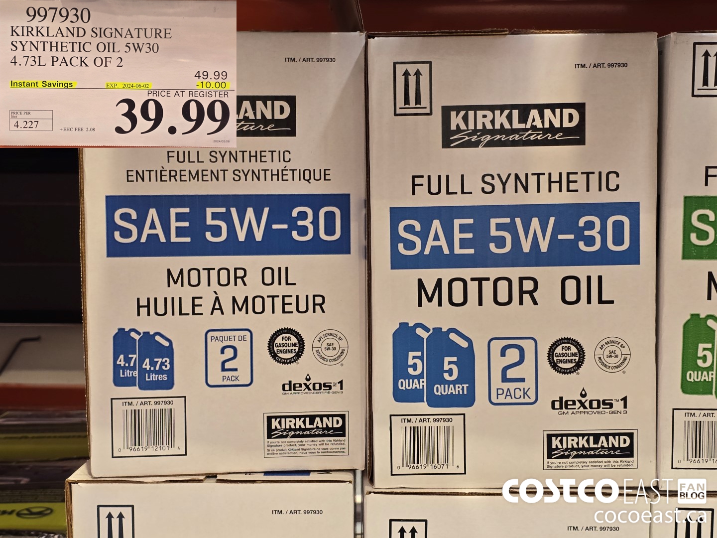 997930 KIRKLAND SIGNATURE SYNTHETIC OIL 5W-30 4.73L PACK OF 2 ($10.00 INSTANT SAVINGS EXPIRES ON 2024-06-02) $39.99