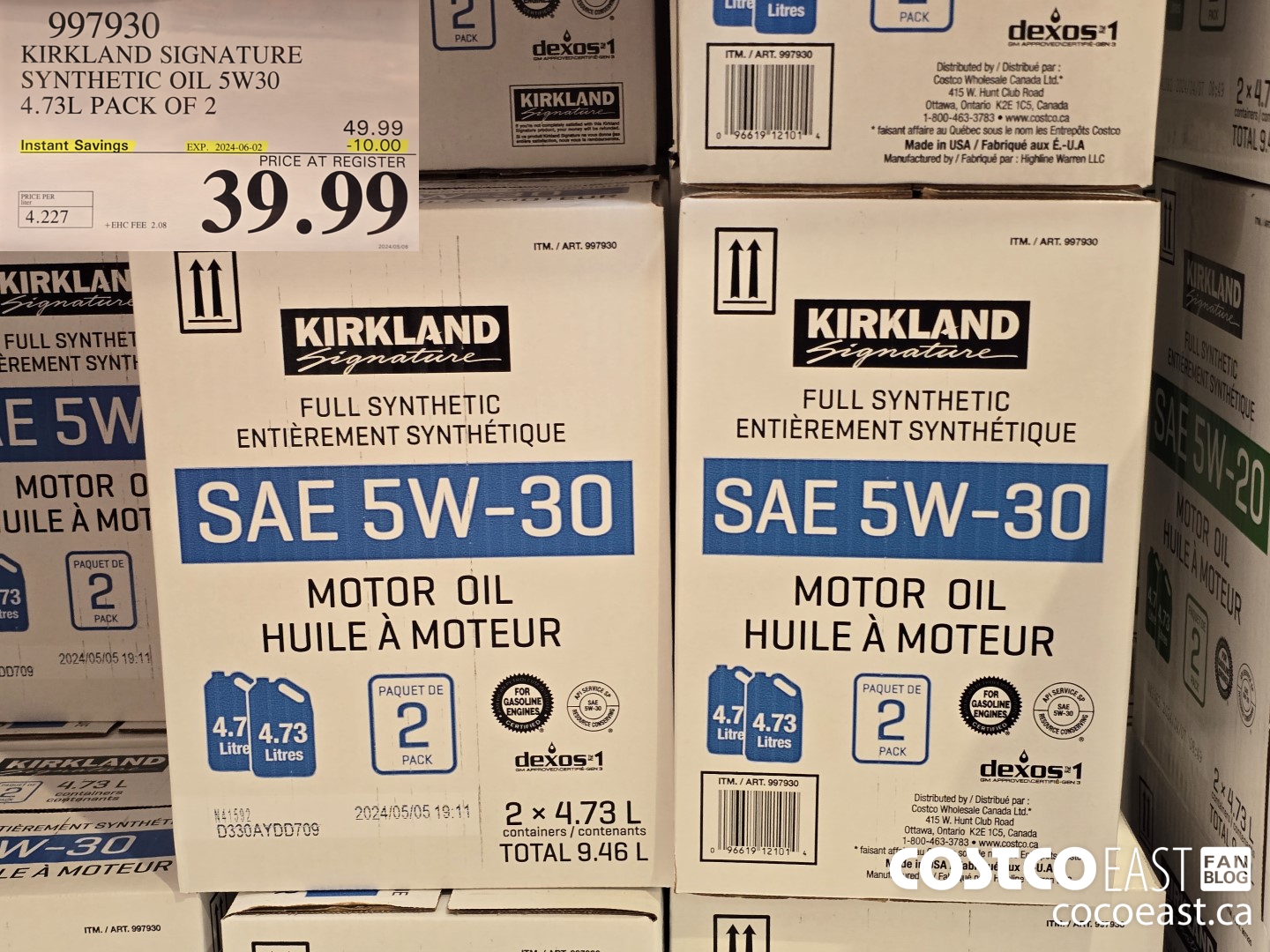 997930 KIRKLAND SIGNATURE SYNTHETIC OIL 5W-30 4.73L PACK OF 2 ($10.00 INSTANT SAVINGS EXPIRES ON 2024-06-02) $39.99