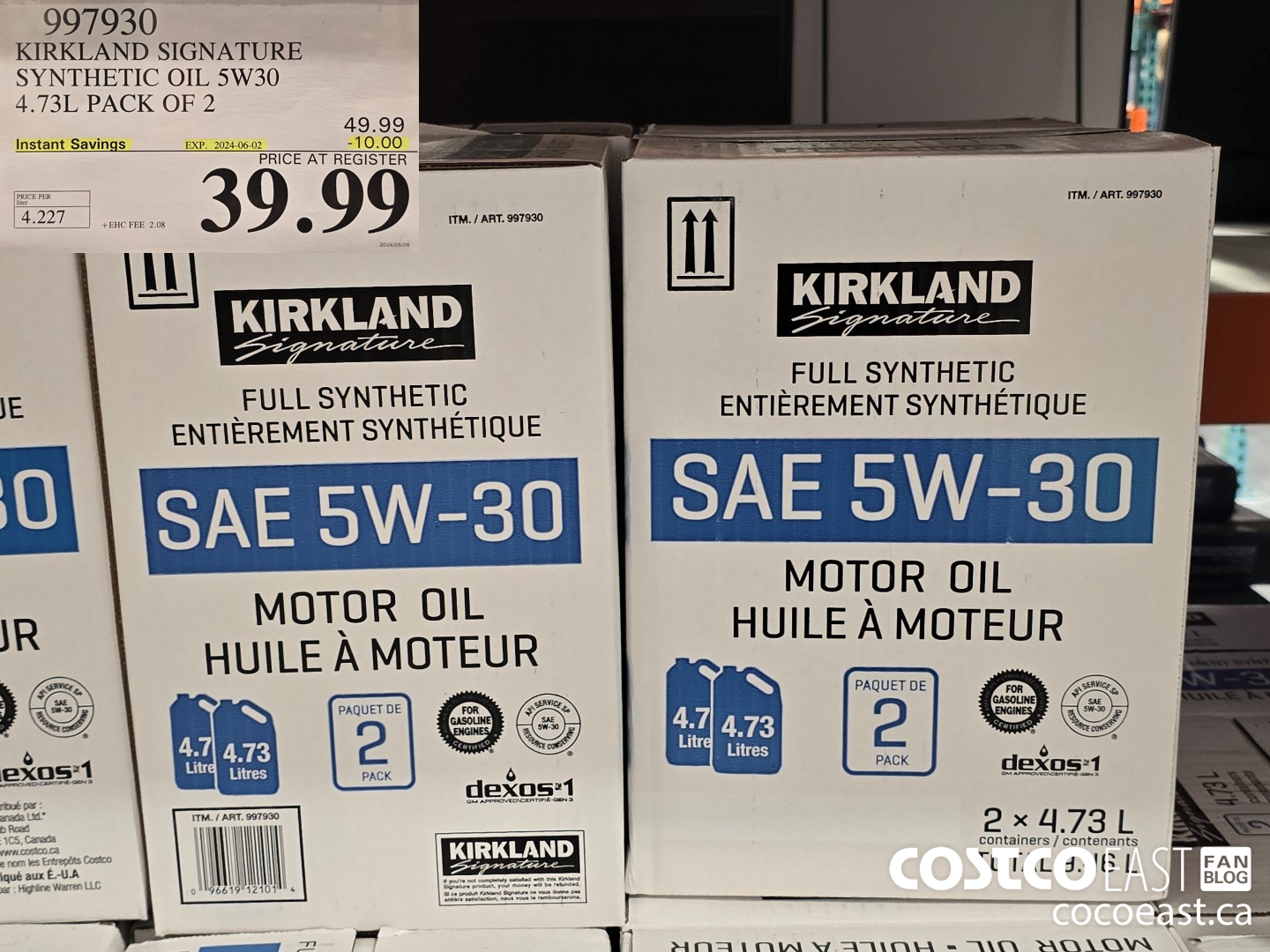 997930 KIRKLAND SIGNATURE SYNTHETIC OIL 5W-30 4.73L PACK OF 2 ($10.00 INSTANT SAVINGS EXPIRES ON 2024-06-02) $39.99