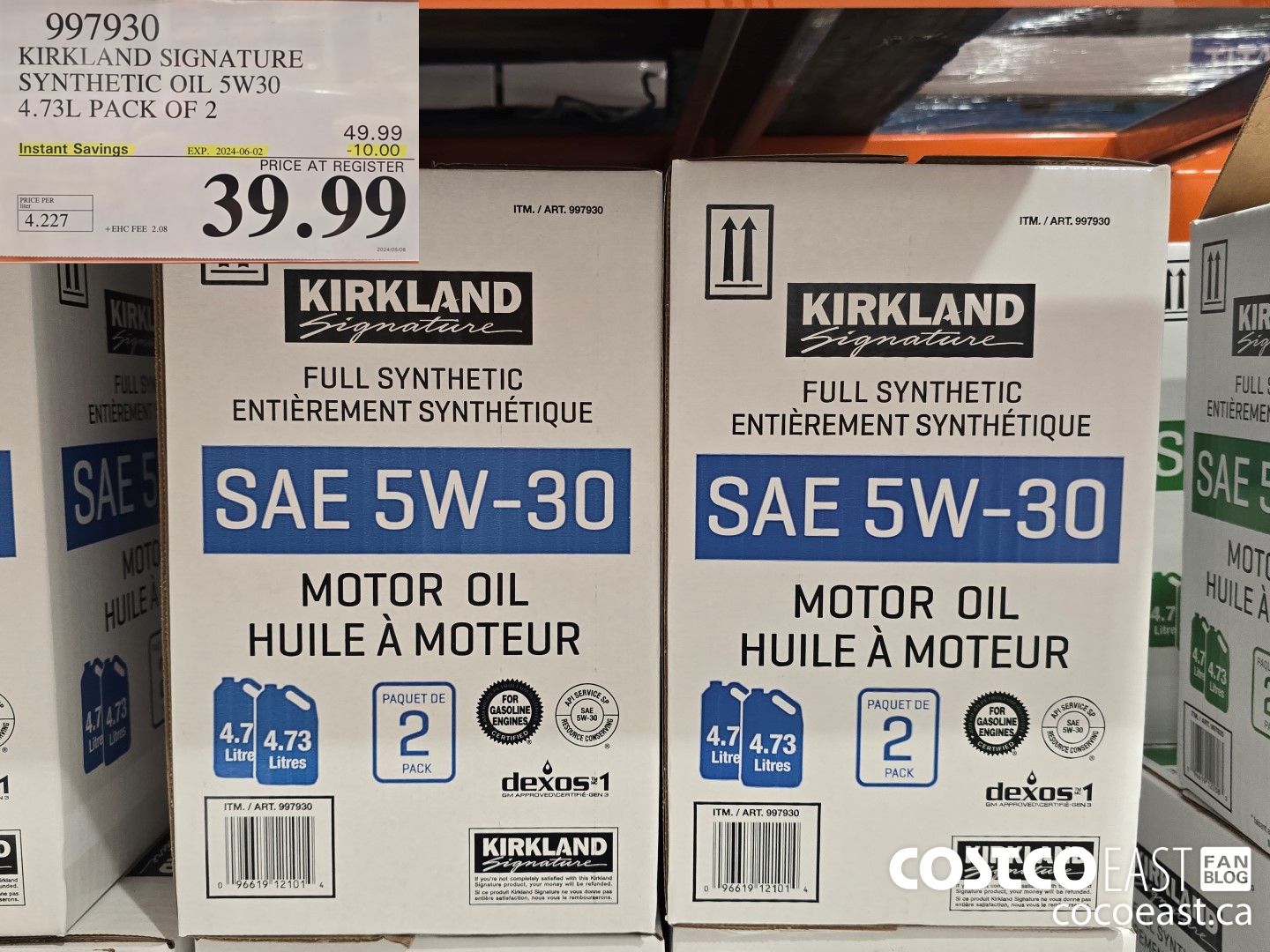 997930 KIRKLAND SIGNATURE SYNTHETIC OIL 5W-30 4.73L PACK OF 2 ($10.00 INSTANT SAVINGS EXPIRES ON 2024-06-02) $39.99