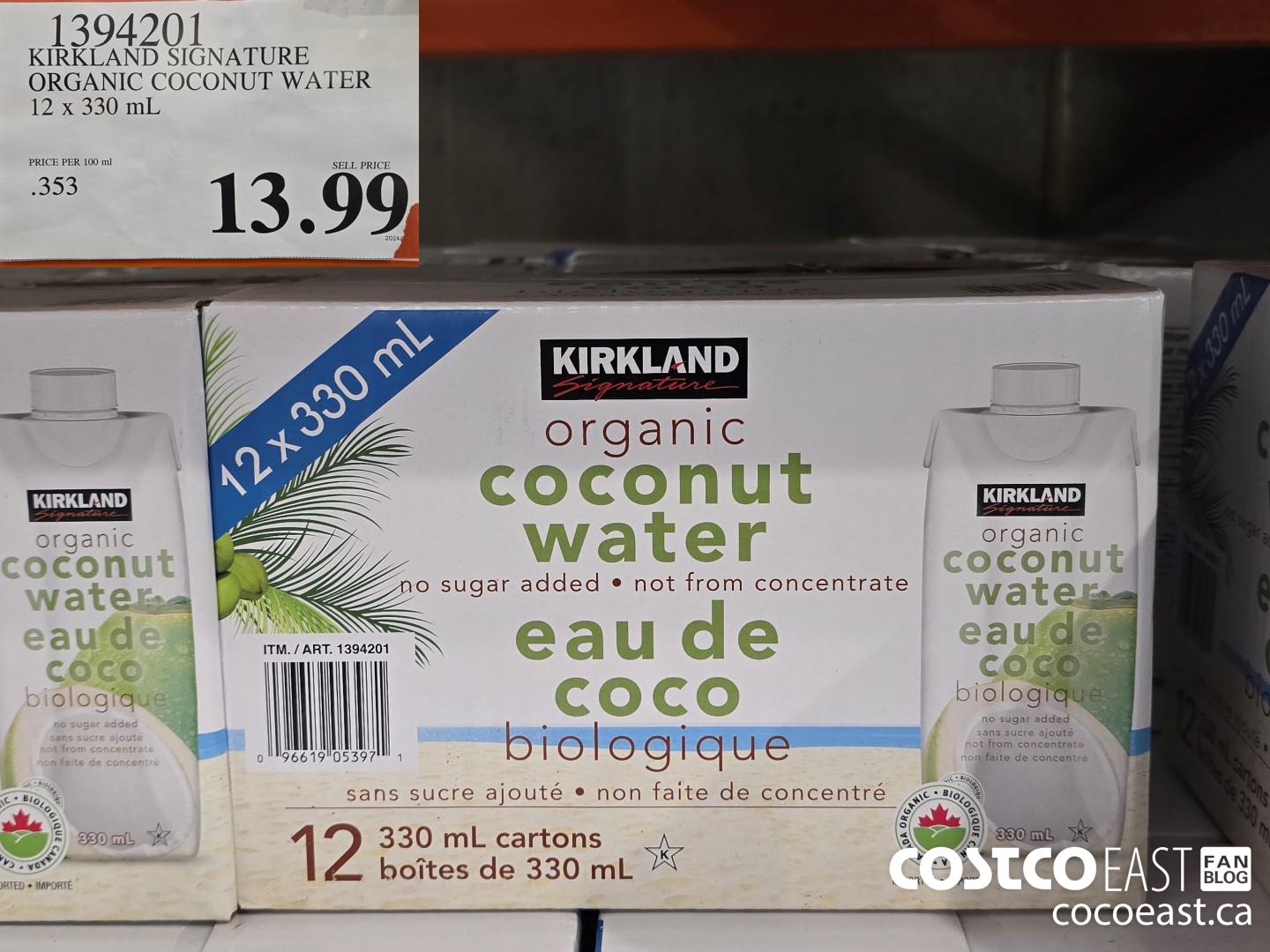 1394201 KIRKLAND SIGNATURE ORGANIC COCONUT WATER 12 X 330 ML $13.99