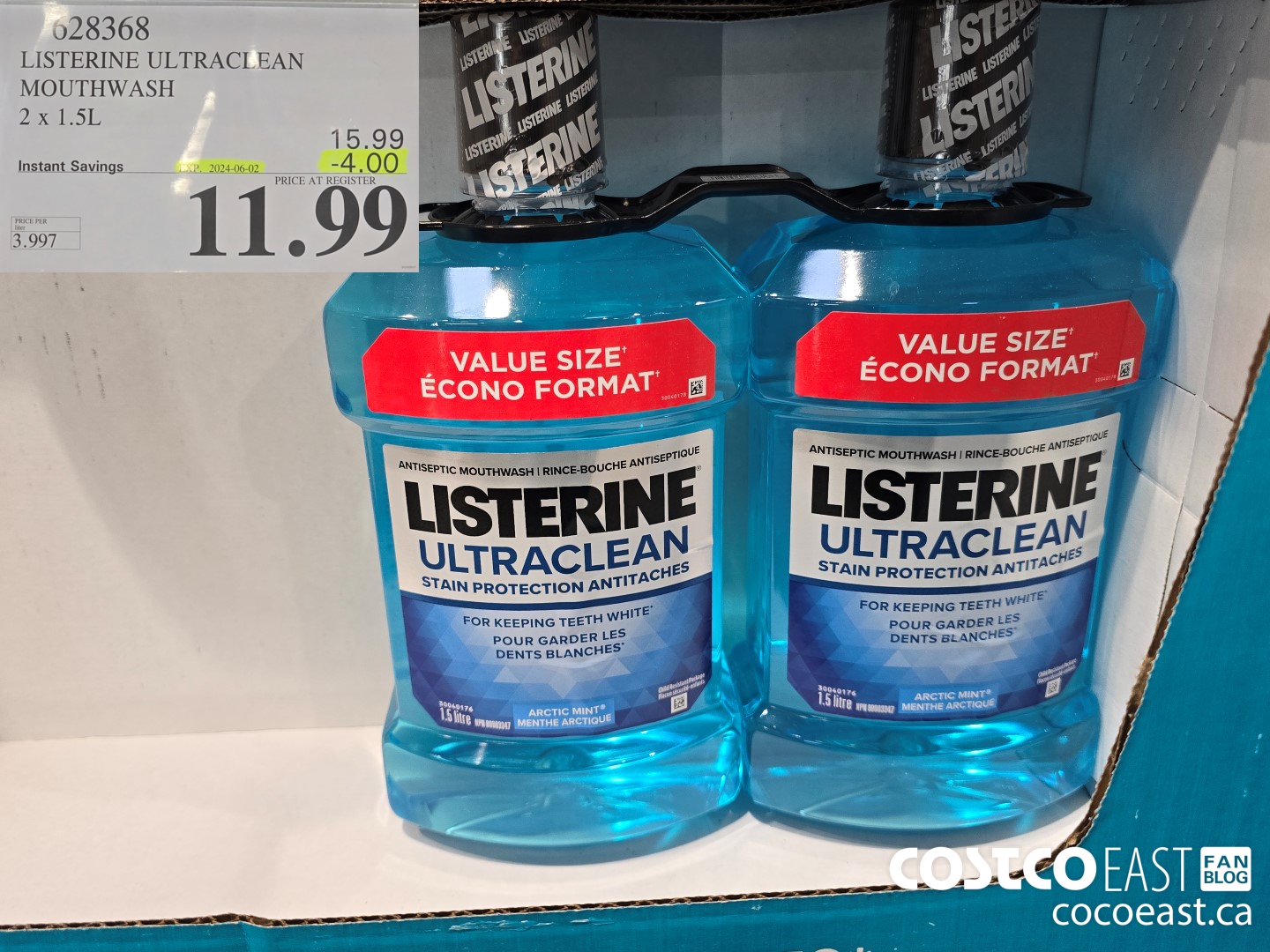 628368 LISTERINE ULTRACLEAN MOUTHWASH 2 X 1.5L ($4.00 INSTANT SAVINGS EXPIRES ON 2024-06-02) $11.99