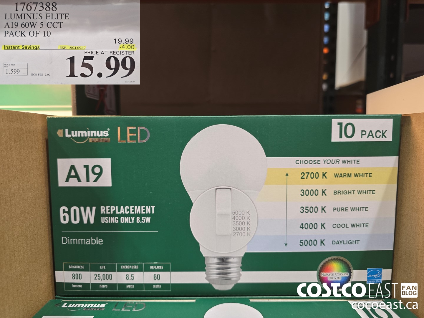 1767388 LUMINUS ELITE A19 60W 5 CCT PACK OF 10 ($4.00 INSTANT SAVINGS EXPIRES ON 2024-05-19) $15.99