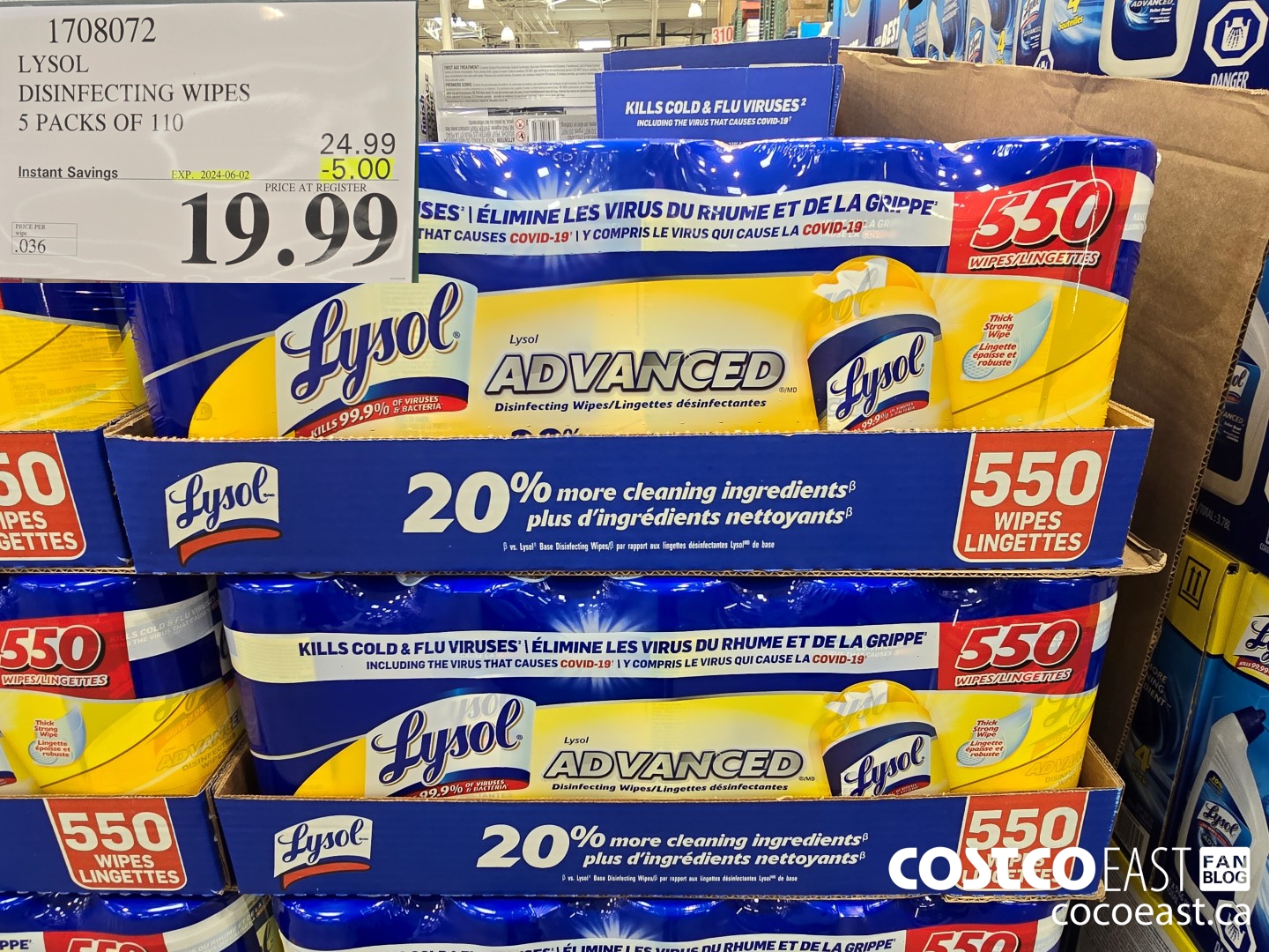 1708072 LYSOL DISINFECTING WIPES 5 PACKS OF 110 ($5.00 INSTANT SAVINGS EXPIRES ON 2024-06-02) $19.99