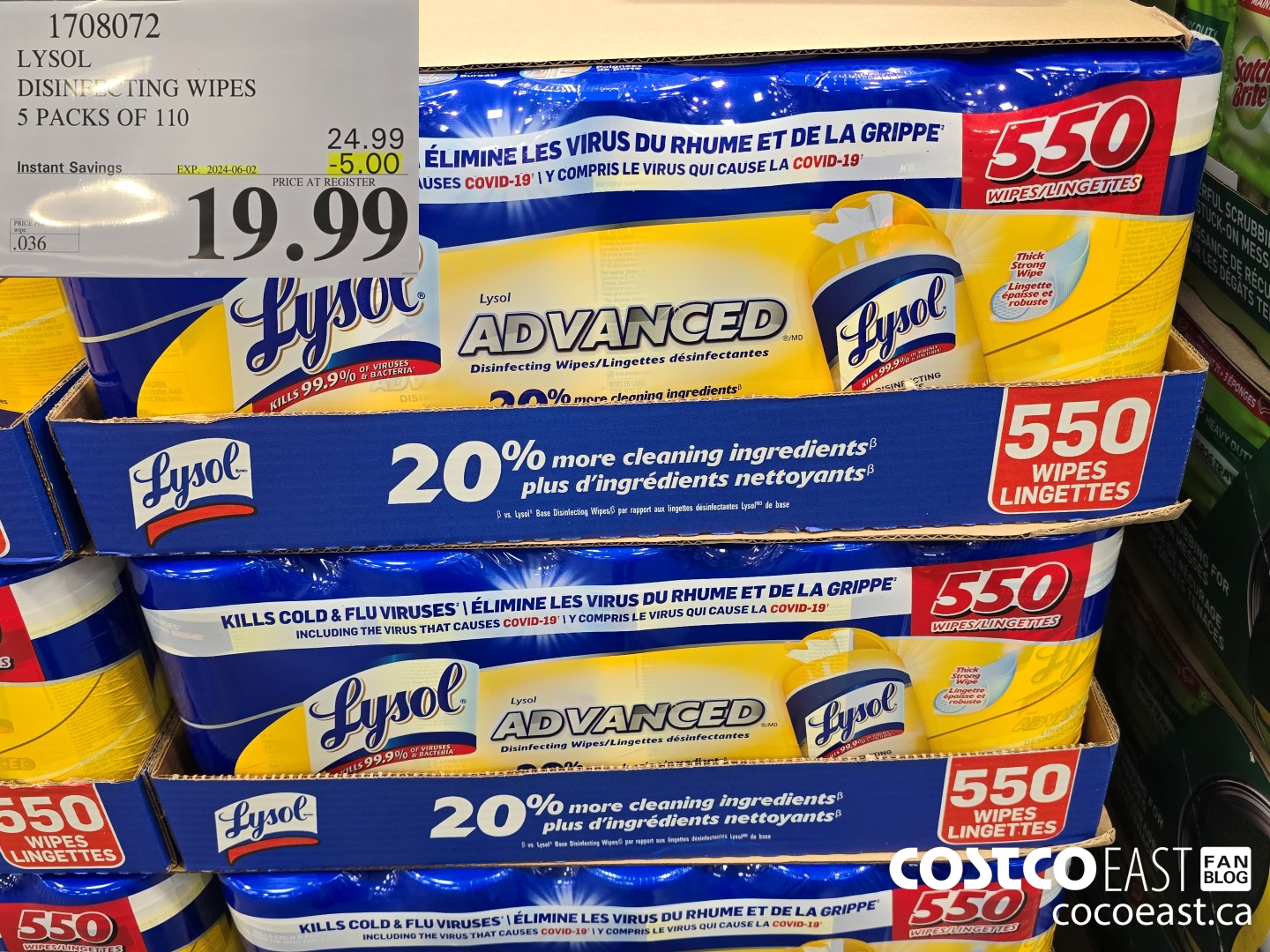 1708072 LYSOL DISINFECTING WIPES 5 PACKS OF 110 ($5.00 INSTANT SAVINGS EXPIRES ON 2024-06-02) $19.99