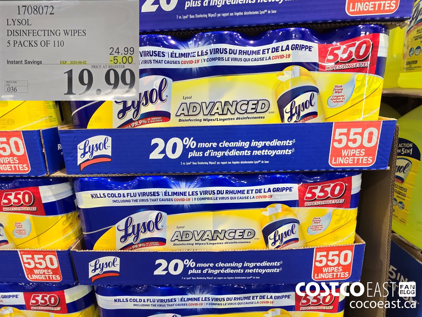 1708072 LYSOL DISINFECTING WIPES 5 PACKS OF 110 ($5.00 INSTANT SAVINGS EXPIRES ON 2024-06-02) $19.99