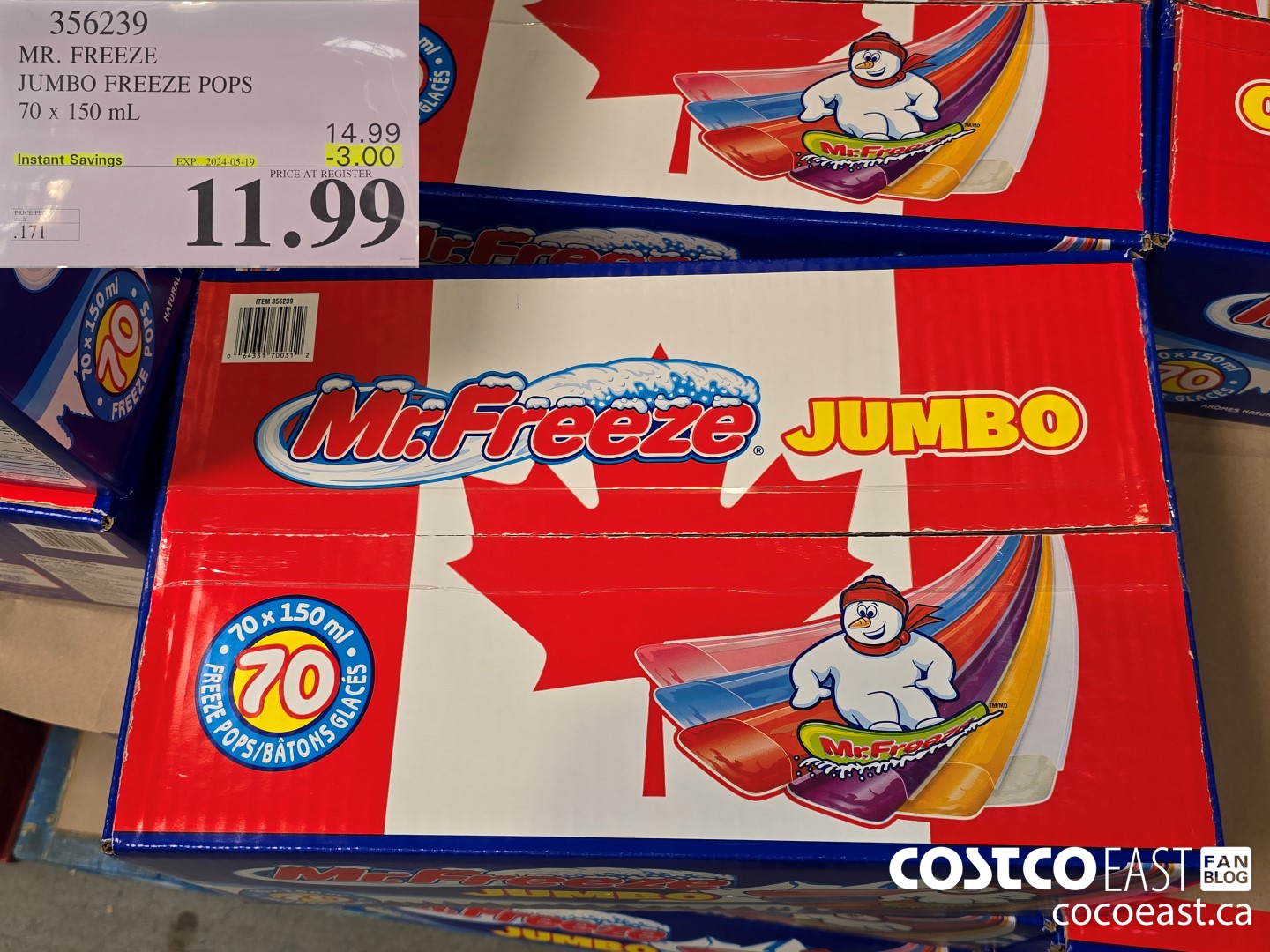 356239 MR. FREEZE JUMBO FREEZE POPS 70 X 150 ML ($3.00 INSTANT SAVINGS EXPIRES ON 2024-05-19) $11.99