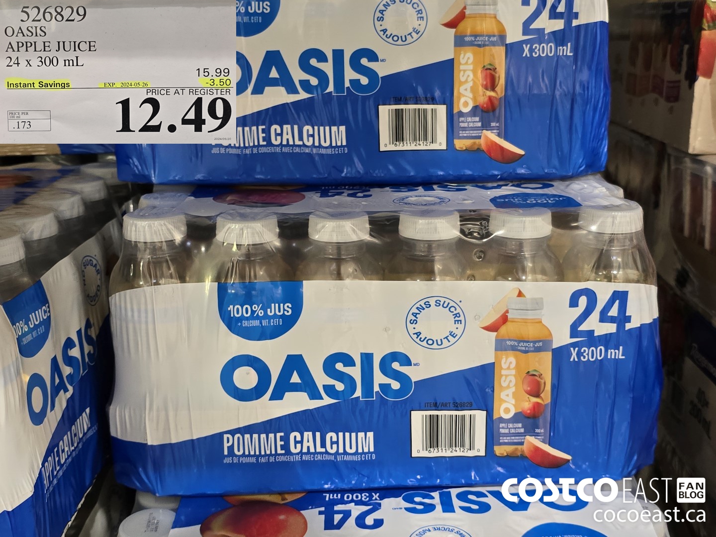 526829 OASIS APPLE JUICE 24 X 300 ML ($3.50 INSTANT SAVINGS EXPIRES ON 2024-05-26) $12.49