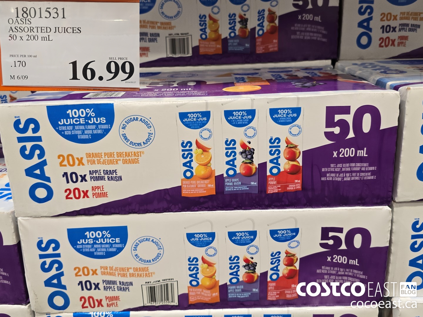 1801531 OASIS ASSORTED JUICES 50 x 200 mL $16.99