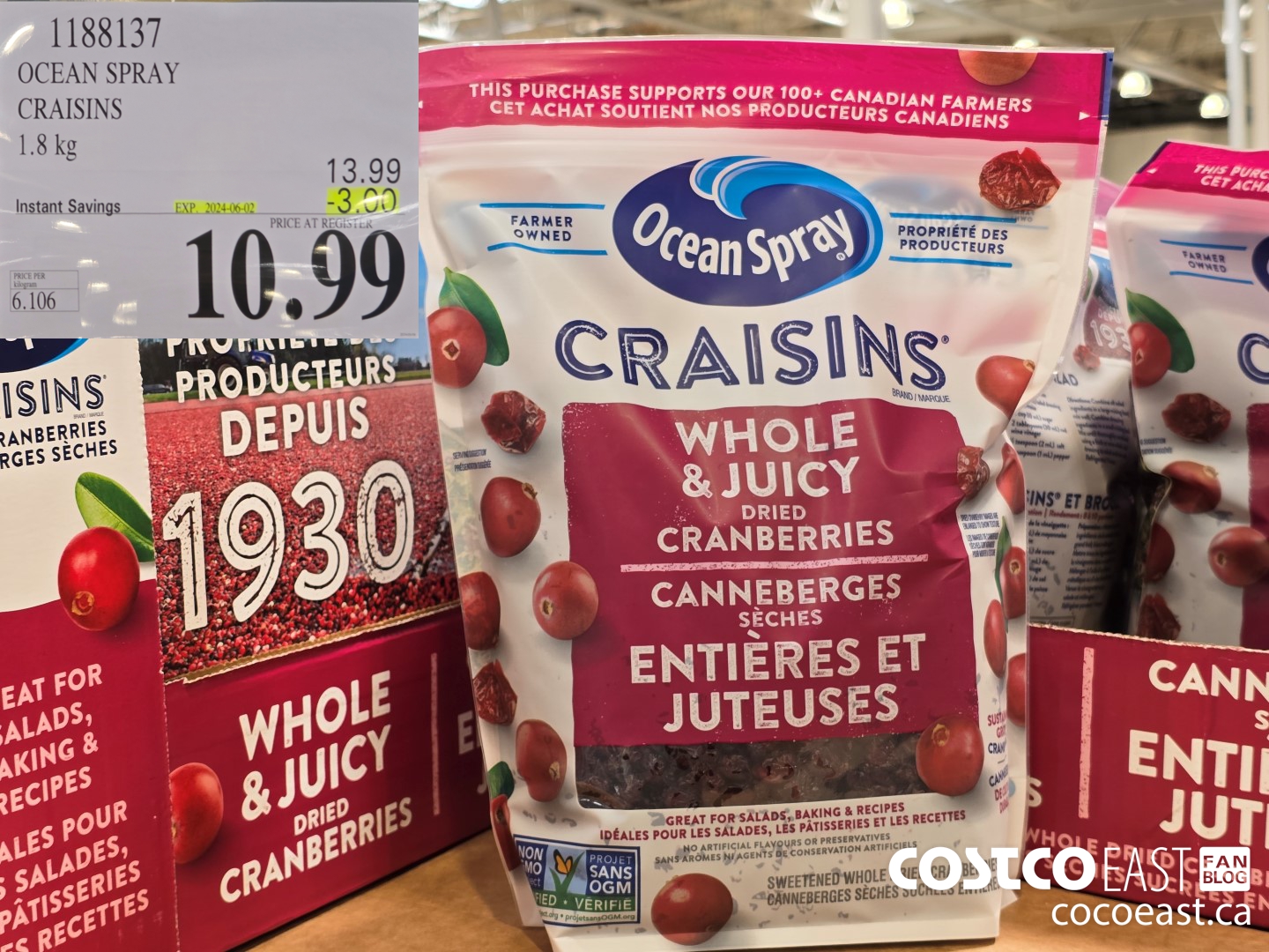 1188137 OCEAN SPRAY CRAISINS 1.8 KG ($3.00 INSTANT SAVINGS EXPIRES ON 2024-06-02) $10.99