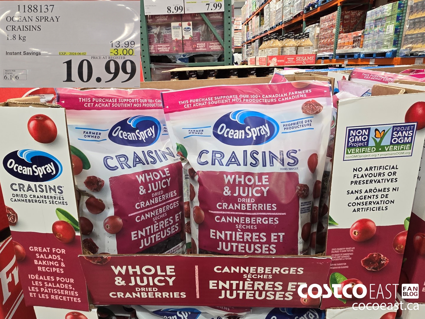 1188137 OCEAN SPRAY CRAISINS 1.8 KG ($3.00 INSTANT SAVINGS EXPIRES ON 2024-06-02) $10.99