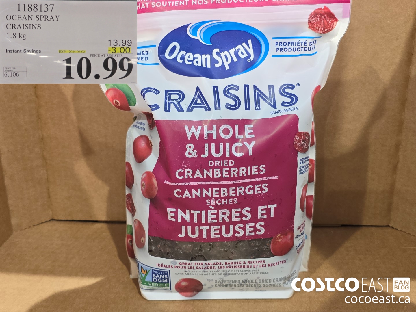 1188137 OCEAN SPRAY CRAISINS 1.8 KG ($3.00 INSTANT SAVINGS EXPIRES ON 2024-06-02) $10.99