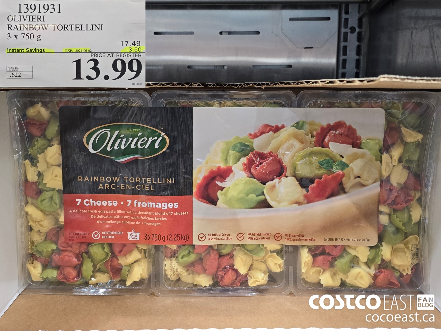 1391931 OLIVIERI RAINBOW TORTELLINI 3 x 750 g ($3.50 INSTANT SAVINGS EXPIRES ON 2024-06-02) $13.99