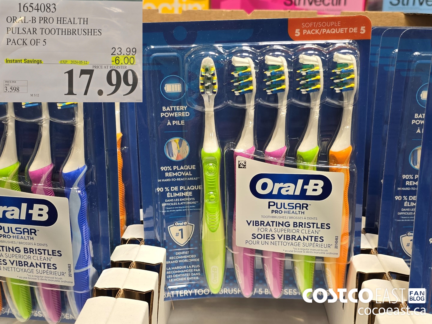 1654083 ORAL-B PRO HEALTH PULSAR TOOTHBRUSHES PACK OF 5 ($6.00 INSTANT SAVINGS EXPIRES ON 2024-05-12) $17.99