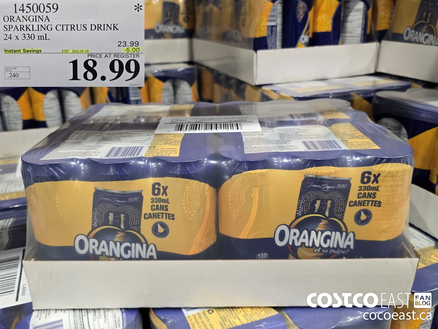 1450059 ORANGINA SPARKLING CITRUS DRINK 24 x 330 mL ($5.00 INSTANT SAVINGS EXPIRES ON 2024-05-19) $18.99
