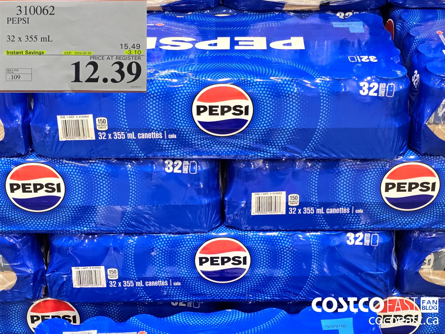 310062 PEPSI 32 X 355 ML ($3.10 INSTANT SAVINGS EXPIRES ON 2024-05-19) $12.39