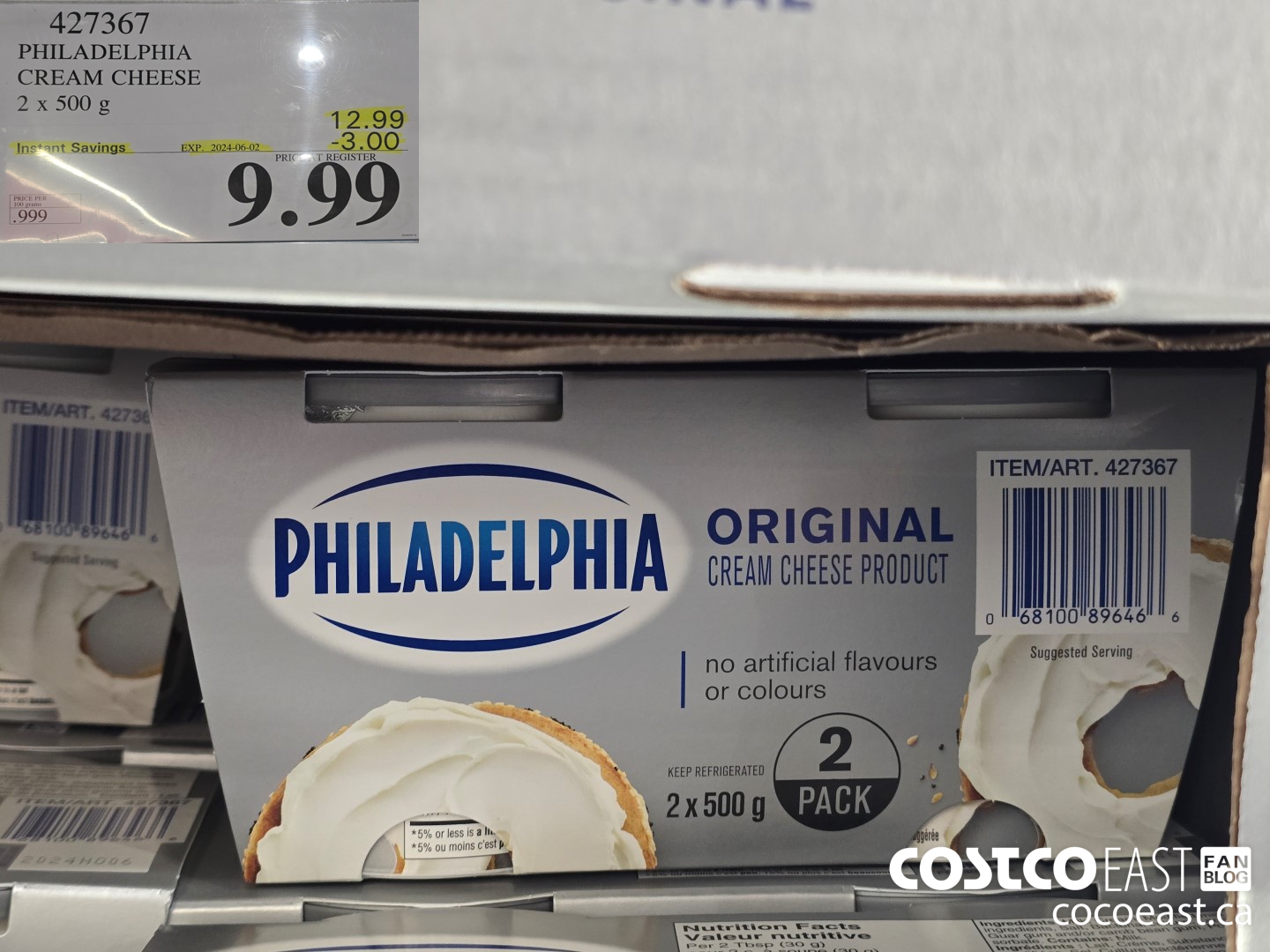 427367 PHILADELPHIA CREAM CHEESE 2 x 500 g ($3.00 INSTANT SAVINGS EXPIRES ON 2024-06-02) $9.99