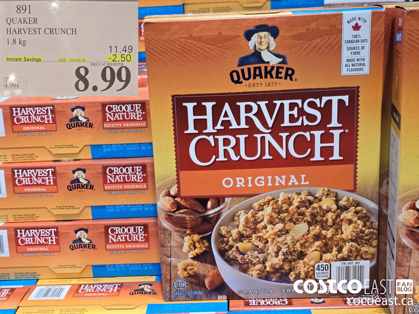 891 QUAKER HARVEST CRUNCH 1.8 kg ($2.50 INSTANT SAVINGS EXPIRES ON 2024-05-26) $8.99