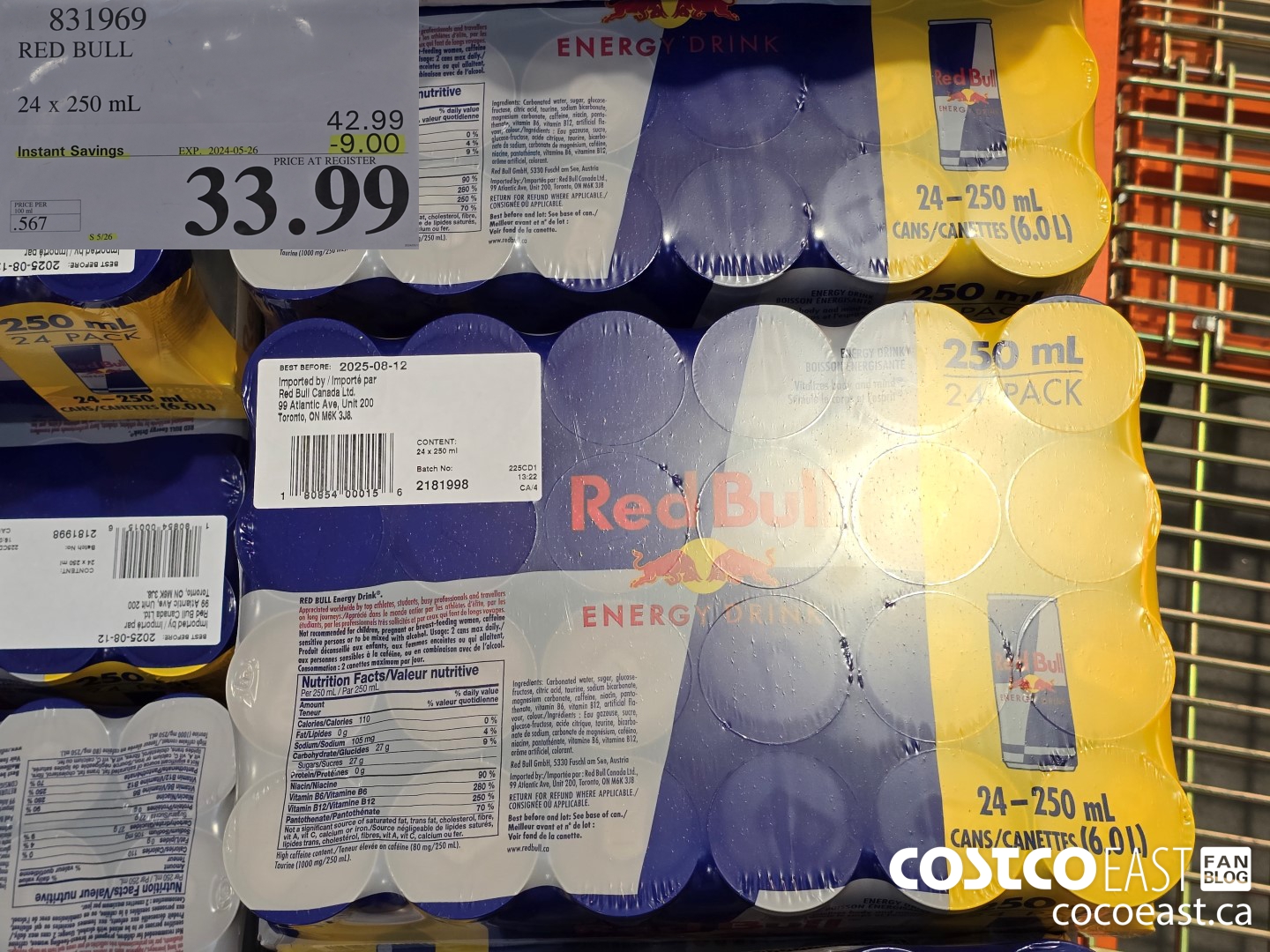 831969 RED BULL ENERGY DRINK 24 x 250 mL ($9.00 INSTANT SAVINGS EXPIRES ON 2024-05-26) $33.99