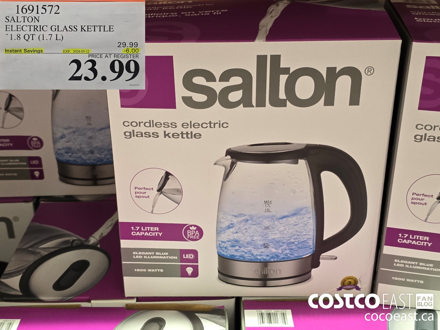 1691572 SALTON CORDLESS ELECTRIC GLASS KETTLE 1.8QT (1.7L) ($6.00 INSTANT SAVINGS EXPIRES ON 2024-05-12) $23.99