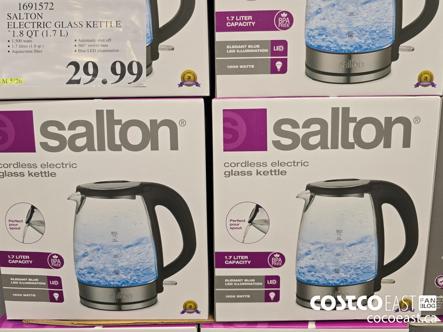 1691572 SALTON CORDLESS ELECTRIC GLASS KETTLE 1.8QT (1.7L) $29.99