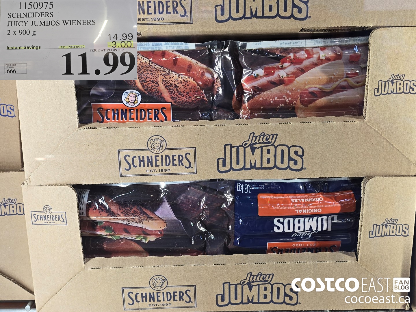1150975 SCHNEIDERS JUICY JUMBOS WIENERS 2 x 900 g ($3.00 INSTANT SAVINGS EXPIRES ON 2024-05-19) $11.99