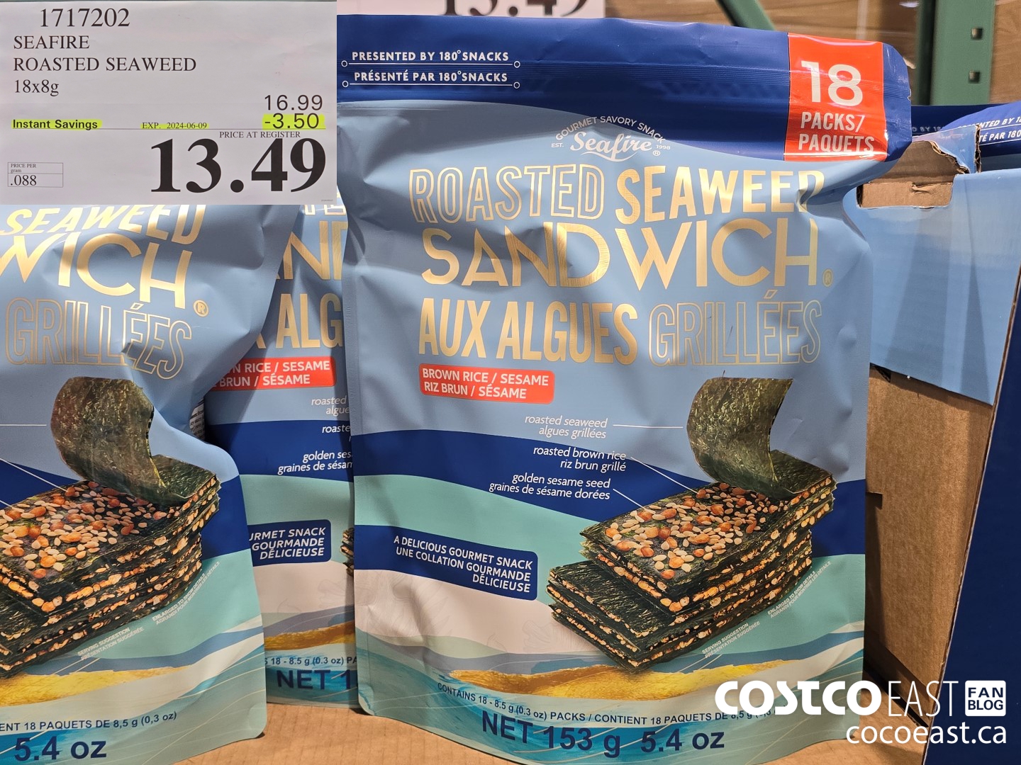 1717202 SEAFIRE ROASTED SEAWEED 18 x 8G ($3.50 INSTANT SAVINGS EXPIRES ON 2024-06-09) $13.49