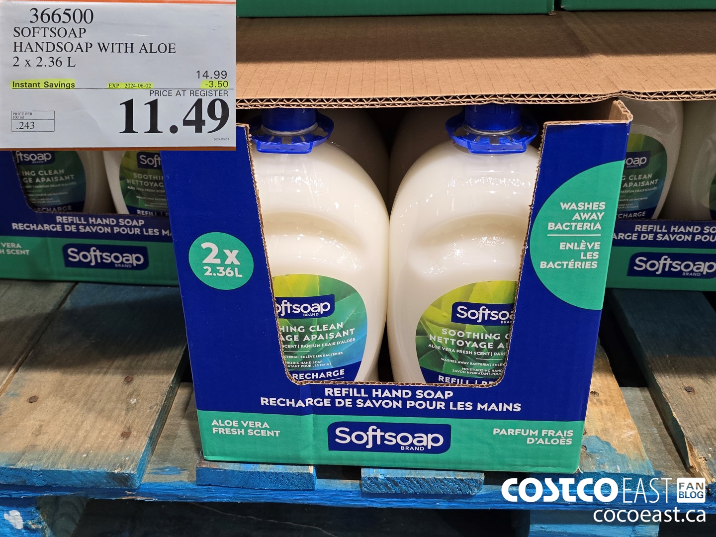 366500 SOFTSOAP HANDSOAP WITH ALOE 2 X 2.36 L ($3.50 INSTANT SAVINGS EXPIRES ON 2024-06-02) $11.49