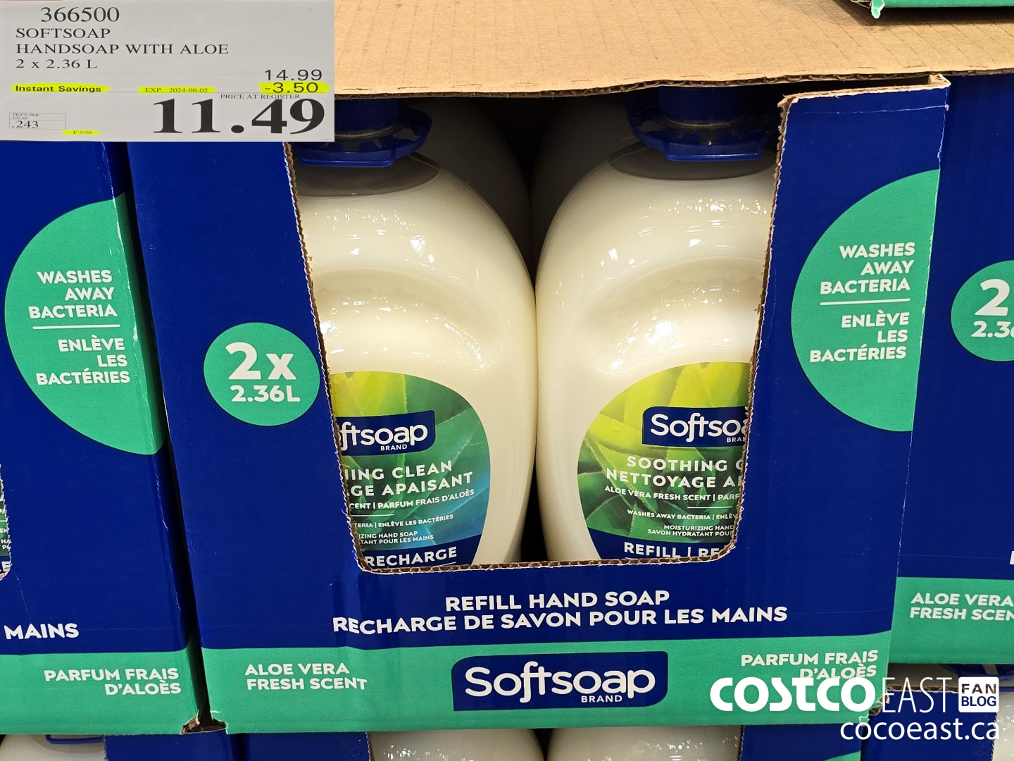 366500 SOFTSOAP HANDSOAP WITH ALOE 2 X 2.36 L ($3.50 INSTANT SAVINGS EXPIRES ON 2024-06-02) $11.49
