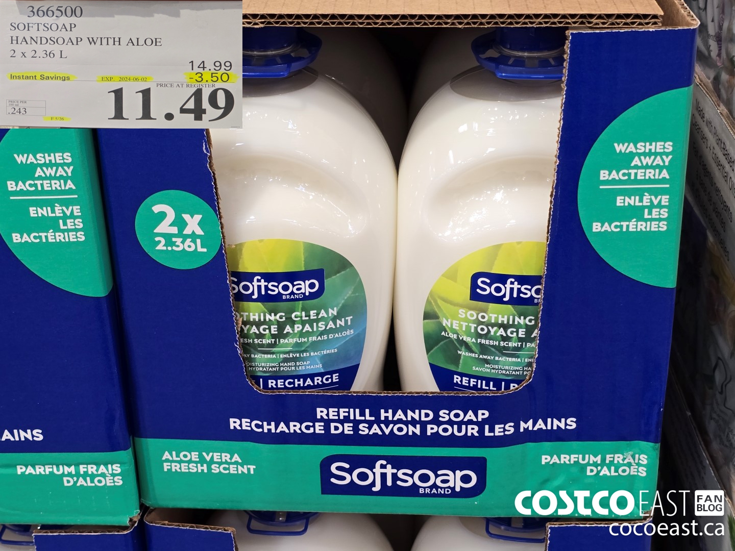 366500 SOFTSOAP HANDSOAP WITH ALOE 2 X 2.36 L ($3.50 INSTANT SAVINGS EXPIRES ON 2024-06-02) $11.49
