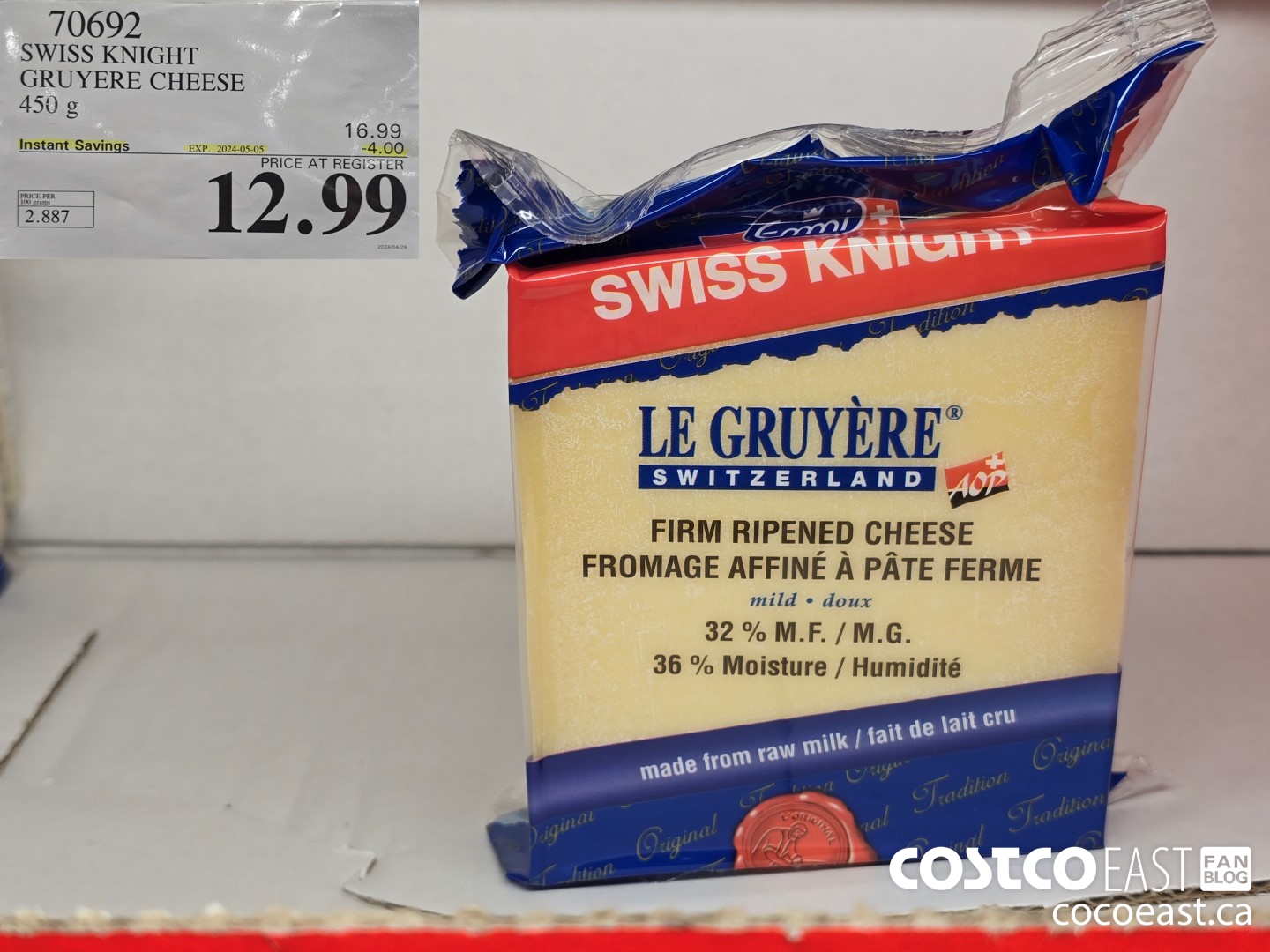 70692 SWISS KNIGHT GRUYERE CHEESE 450 g ($4.00 INSTANT SAVINGS EXPIRES ON 2024-05-05) $12.99