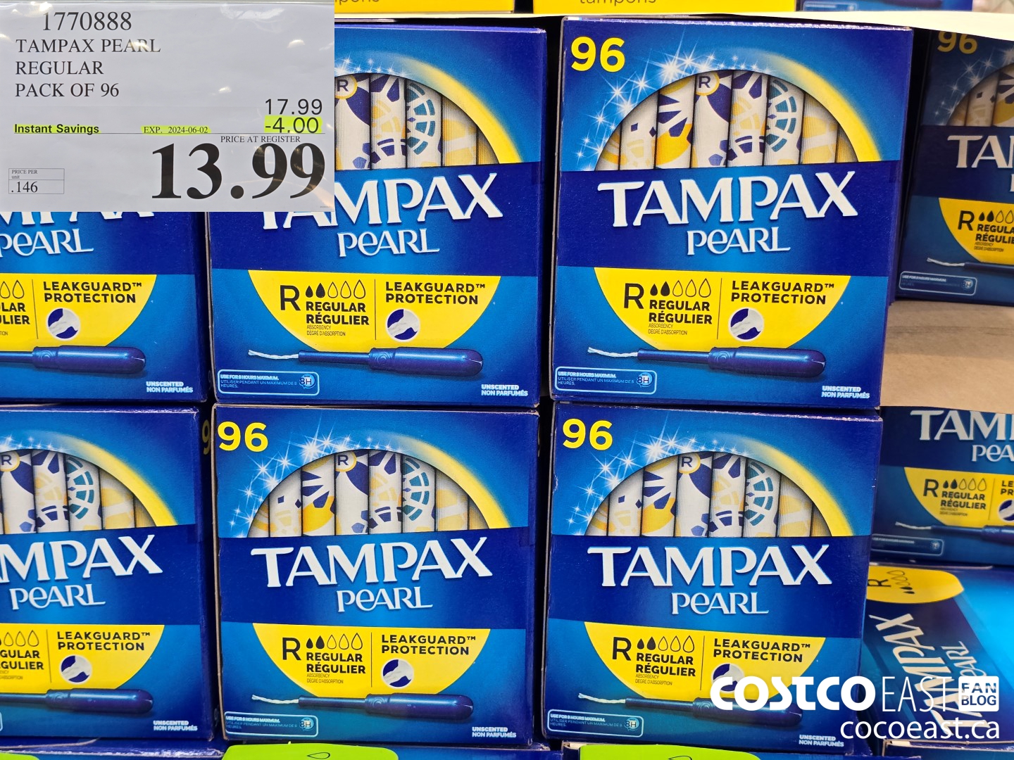1770888 TAMPAX PEARL REGULAR PACK OF 96 ($4.00 INSTANT SAVINGS EXPIRES ON 2024-06-02) $13.99